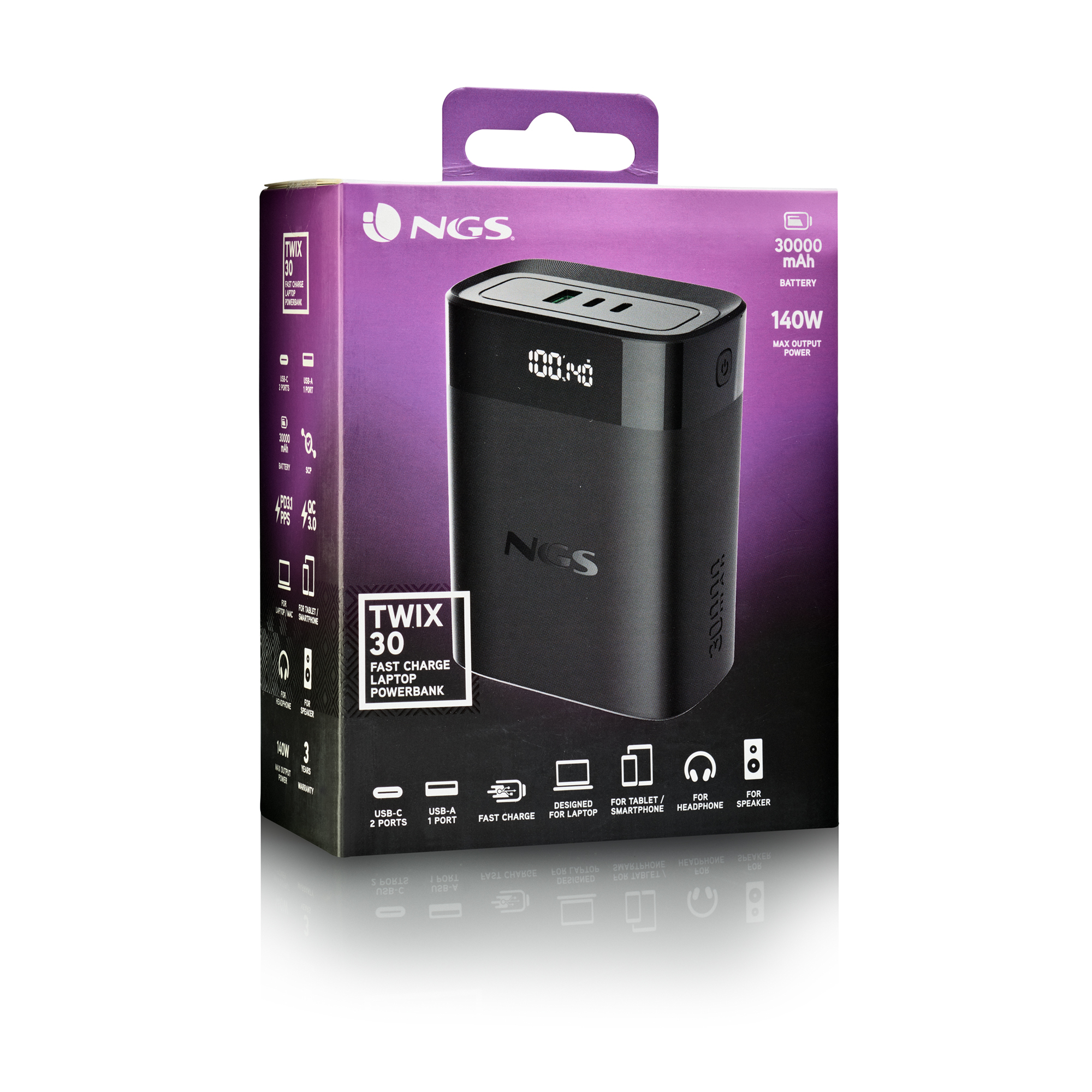 Caja negra NGS Twix 30 power bank. Tiene un power bank, una pantalla digital e iconos para portátil, auriculares y altavoz.