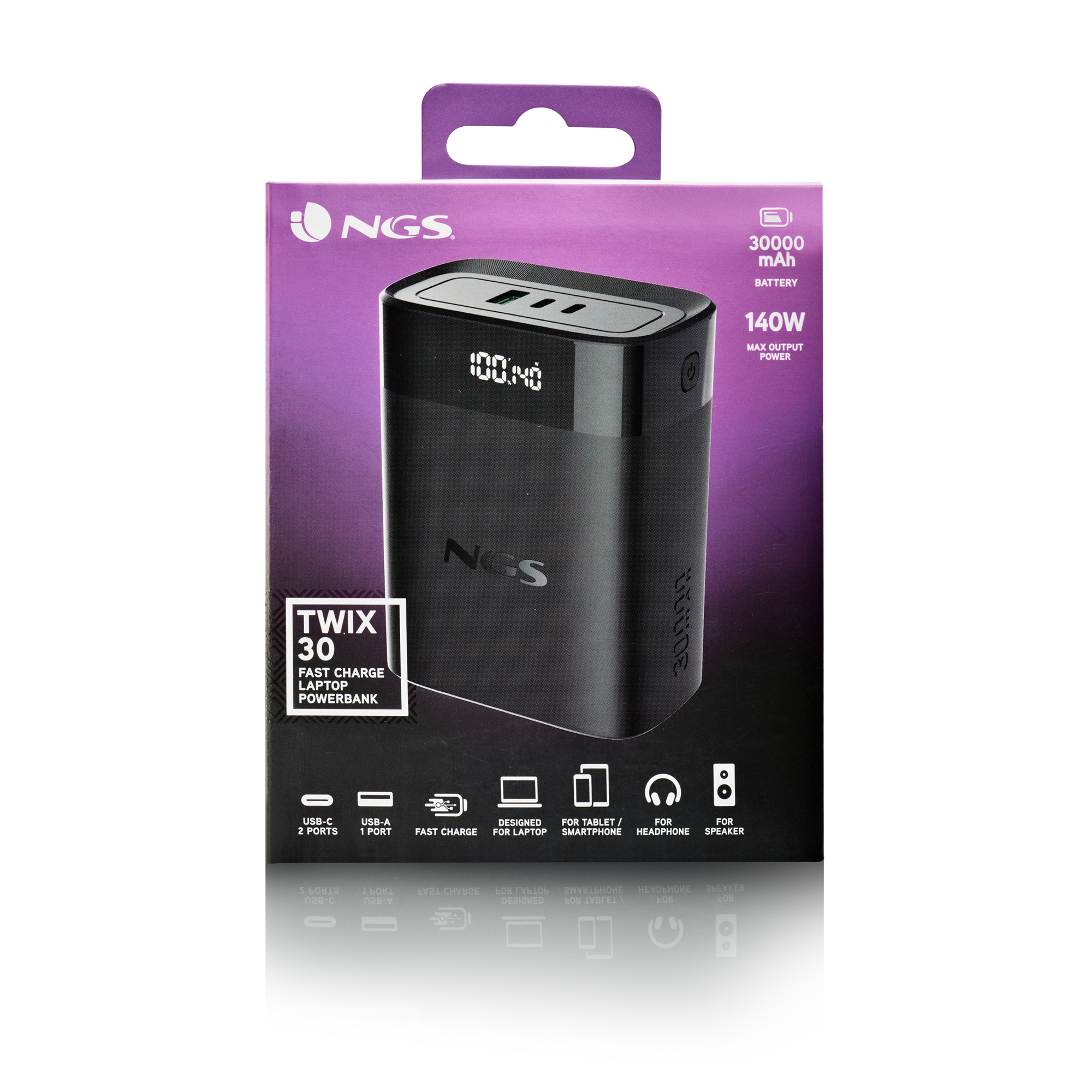 Un banco de energía NGS Twix 30 negro se muestra en una caja con funciones, logotipos y una pantalla digital que muestra 100,40.