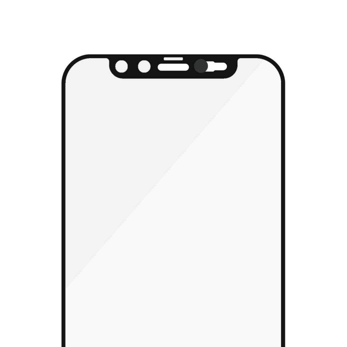 Viene mostrato uno schermo di smartphone. Ha un bordo nero. Nella parte superiore sono presenti ritagli neri per fotocamera e sensore. Lo schermo è bianco.