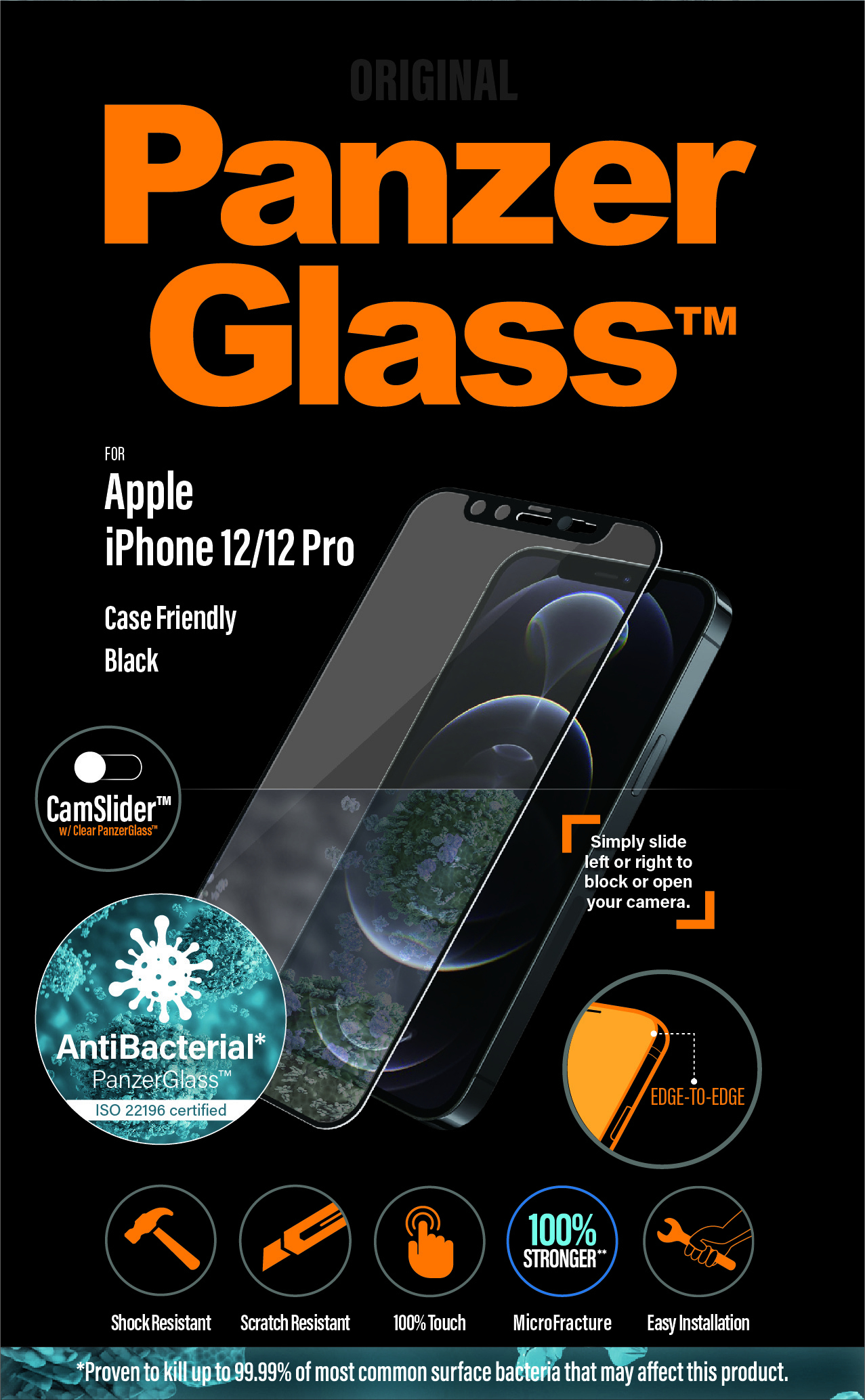 Un proteggi schermo per iPhone 12/12 Pro. Caratteristiche: antibatterico, antigraffio e protezione edge-to-edge.
