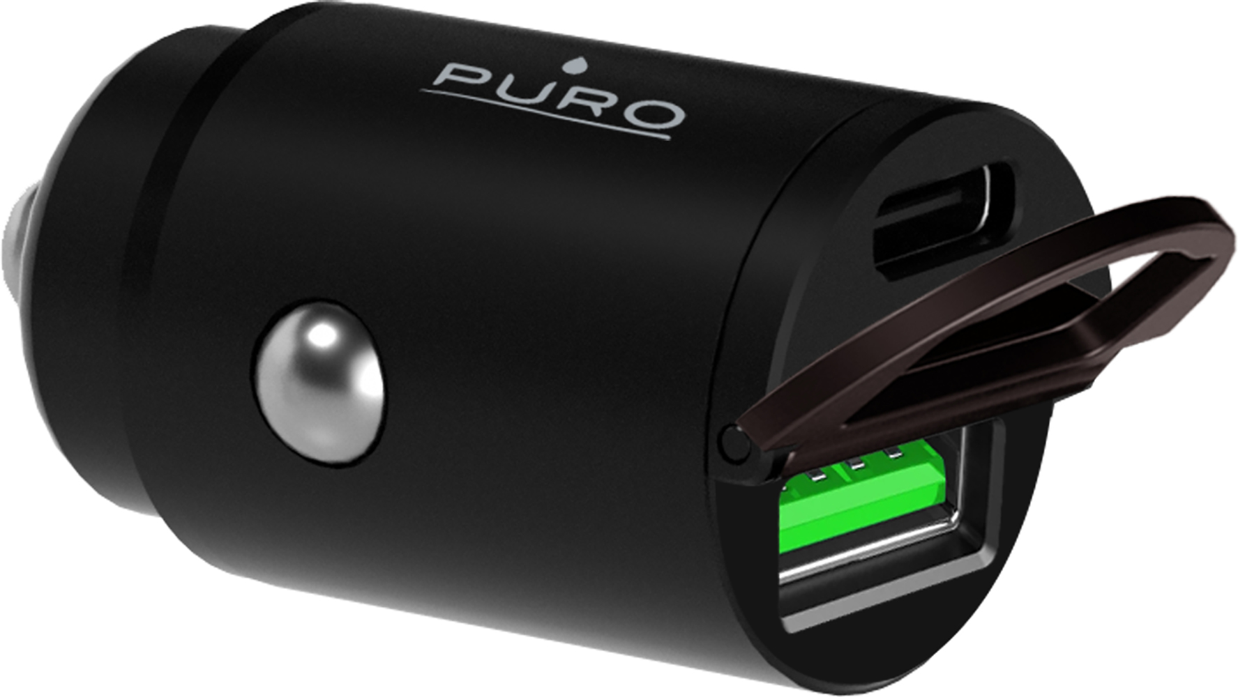 Schwarzes Autoladegerät mit USB-Anschluss und Hebel. Der Anschluss hat eine grüne Innenseite. Die Marke 'PURO' ist aufgedruckt.