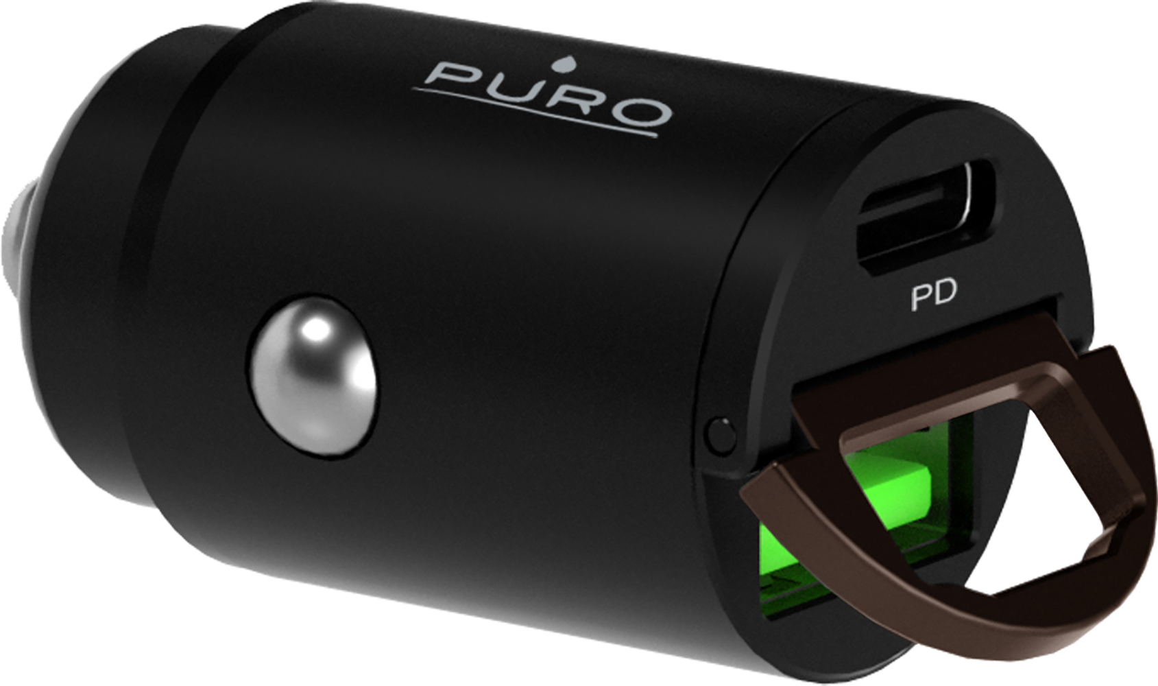 Schwarzes Puro-Autoladegerät mit silbernem Knopf. Es hat einen USB-C-Anschluss und einen braunen Ausziehgriff. Grünes Licht ist sichtbar.