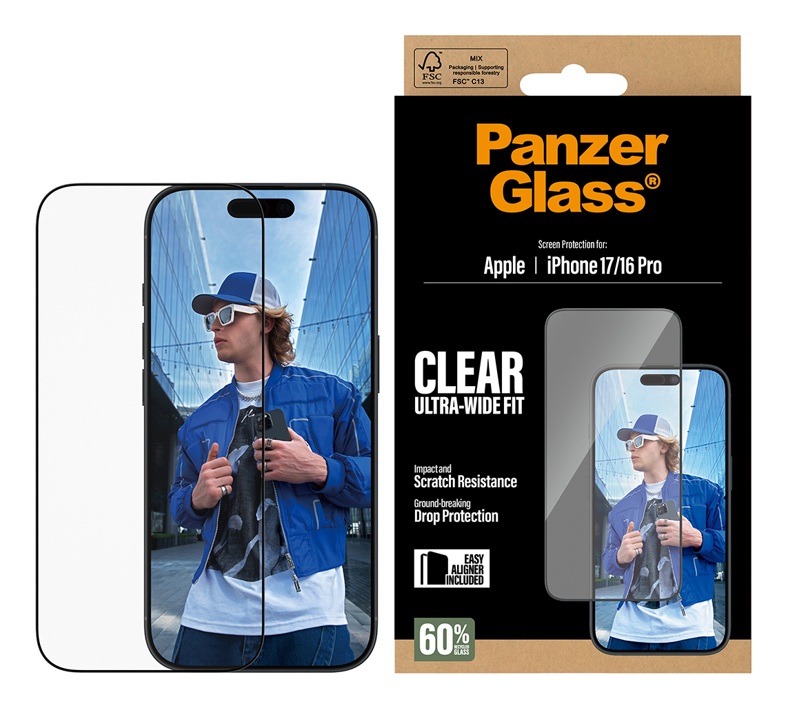 Bir PanzerGlass ekran koruyucu kutusu, iPhone görüntüsü, mavi ceketli bir adam ve şeffaf bir ekran koruyucu ile.