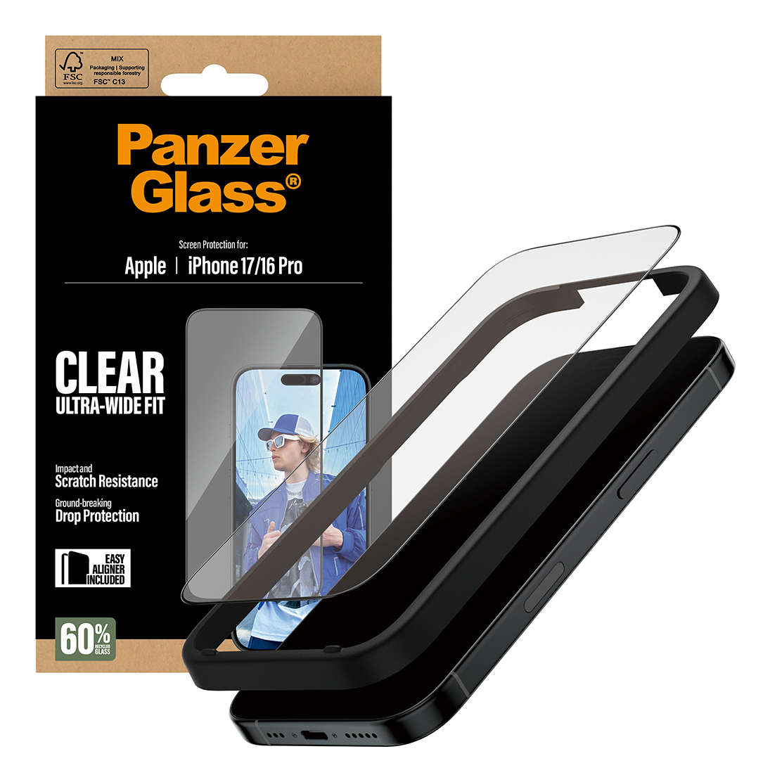 Bir PanzerGlass ekran koruyucu kutusu, bir iPhone ve bir ekran koruyucu ile. Kutuda 'CLEAR ULTRA-WIDE FIT' ve 'Apple iPhone 17/16 Pro' yazıyor.