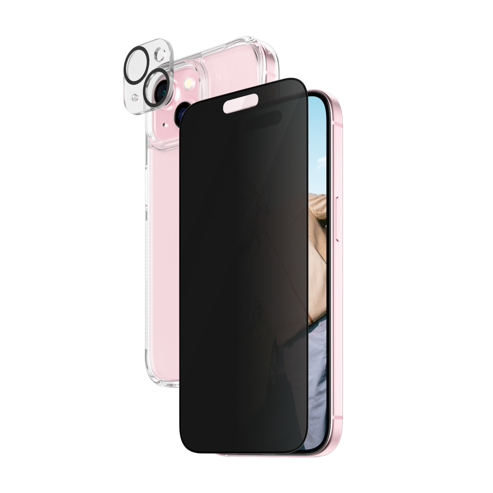 Ein pinkfarbenes Telefon mit Displayschutz, Hülle und Linsenschutz. Der Displayschutz ist schwarz.