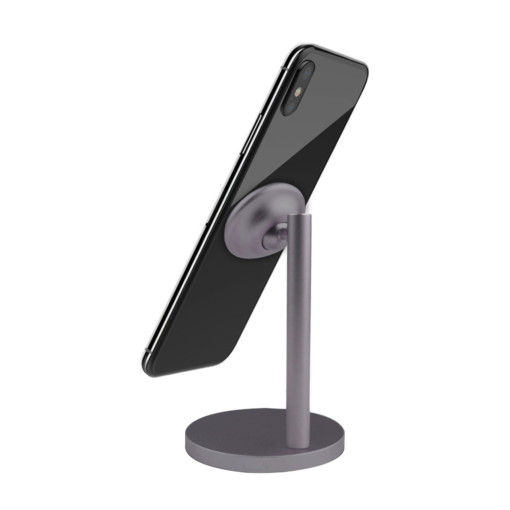 Ein schwarzes Smartphone ist auf einem grauen Ständer montiert. Der Ständer hat eine runde Basis und eine vertikale Stütze.