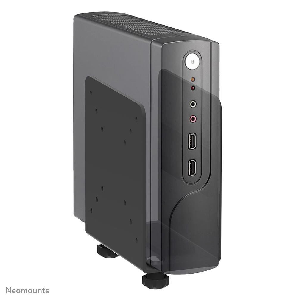 Un case per computer nero con staffa di montaggio. Ha porte e pulsanti sul davanti. Si trova su sfondo bianco.
