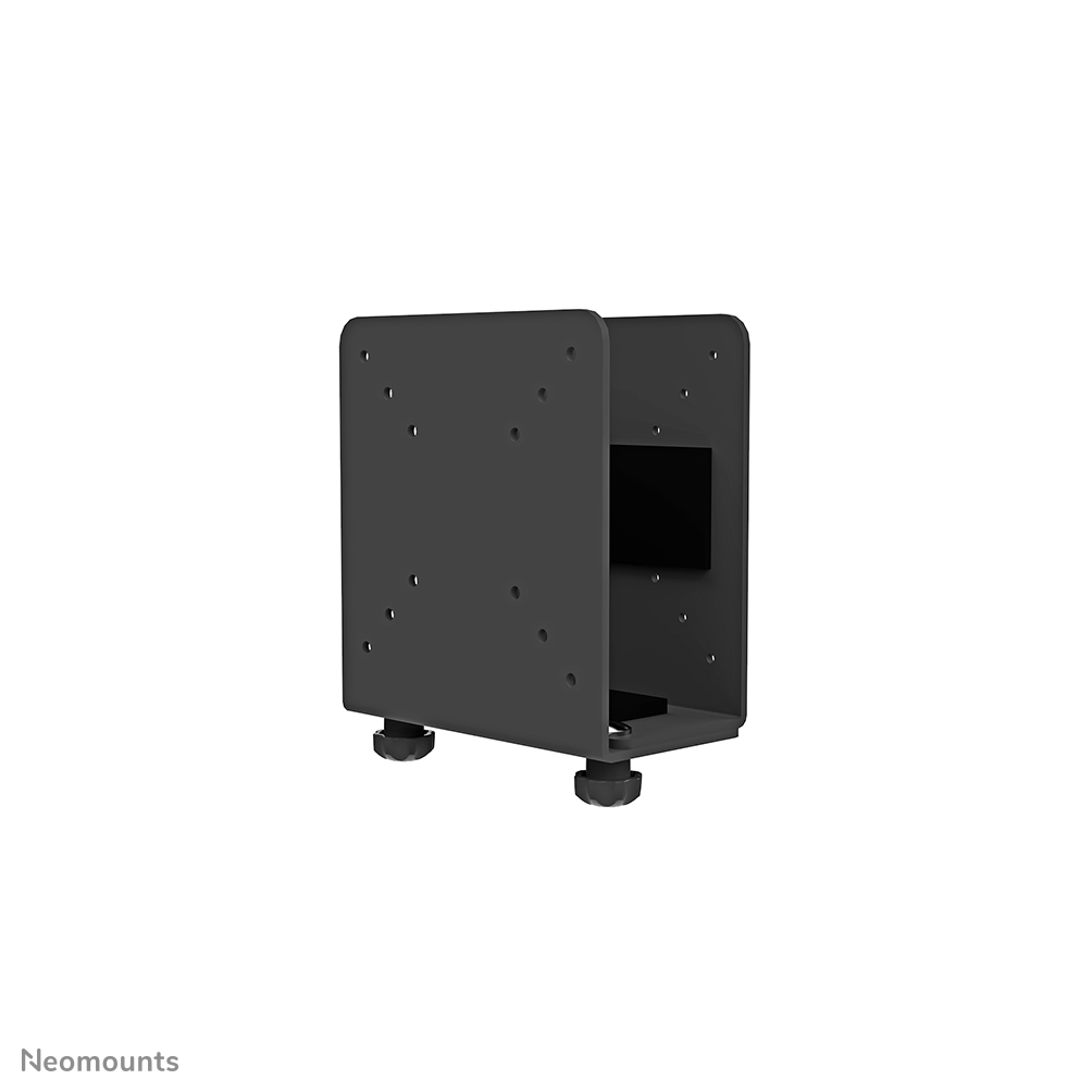 Un supporto per computer in metallo grigio scuro a forma di U. Ha diversi fori e due piedini neri. Lo sfondo è bianco.