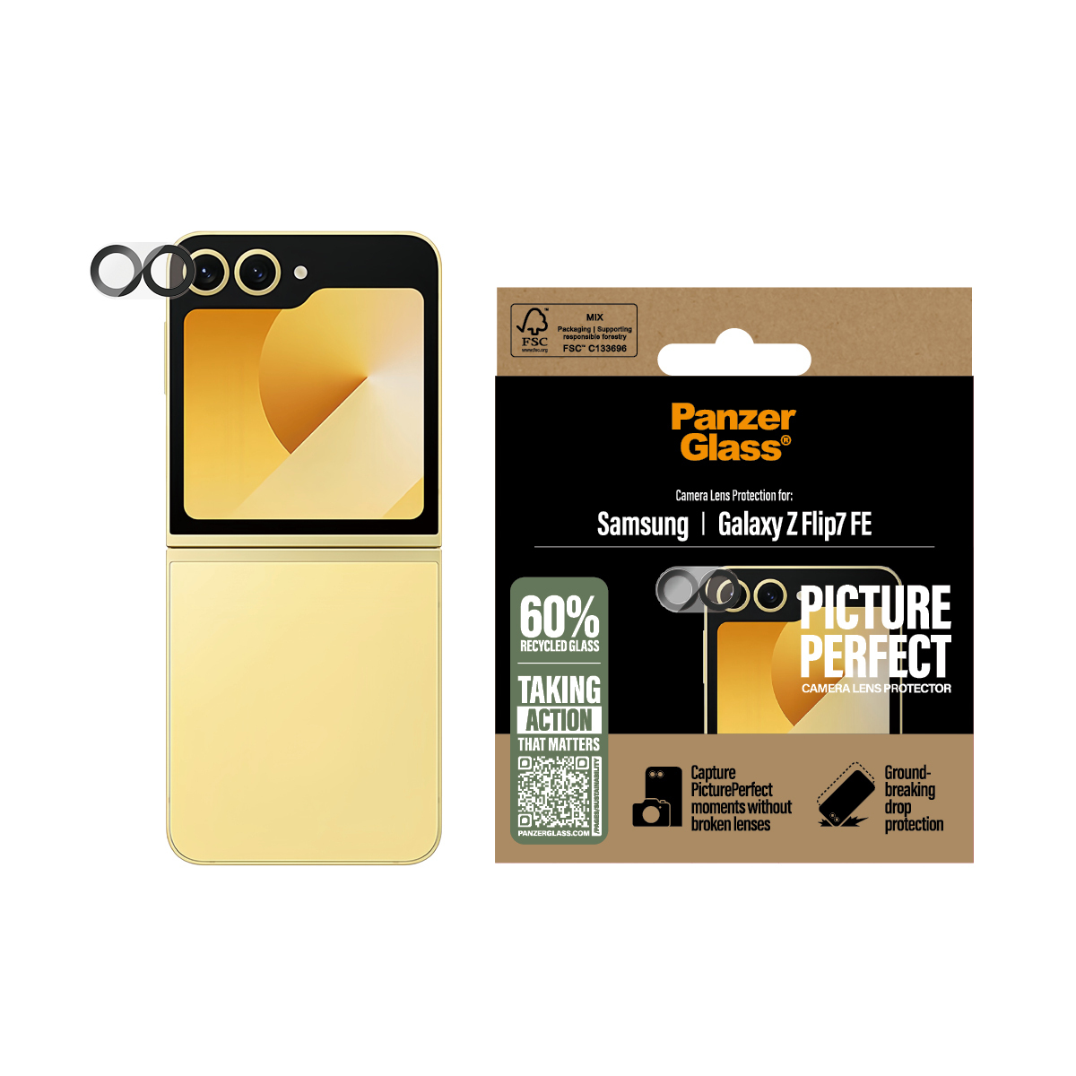 Un telefono dorato e una scatola di protezione dell'obiettivo su sfondo bianco. La scatola dice Panzer Glass e Samsung Galaxy Z Flip7 FE.