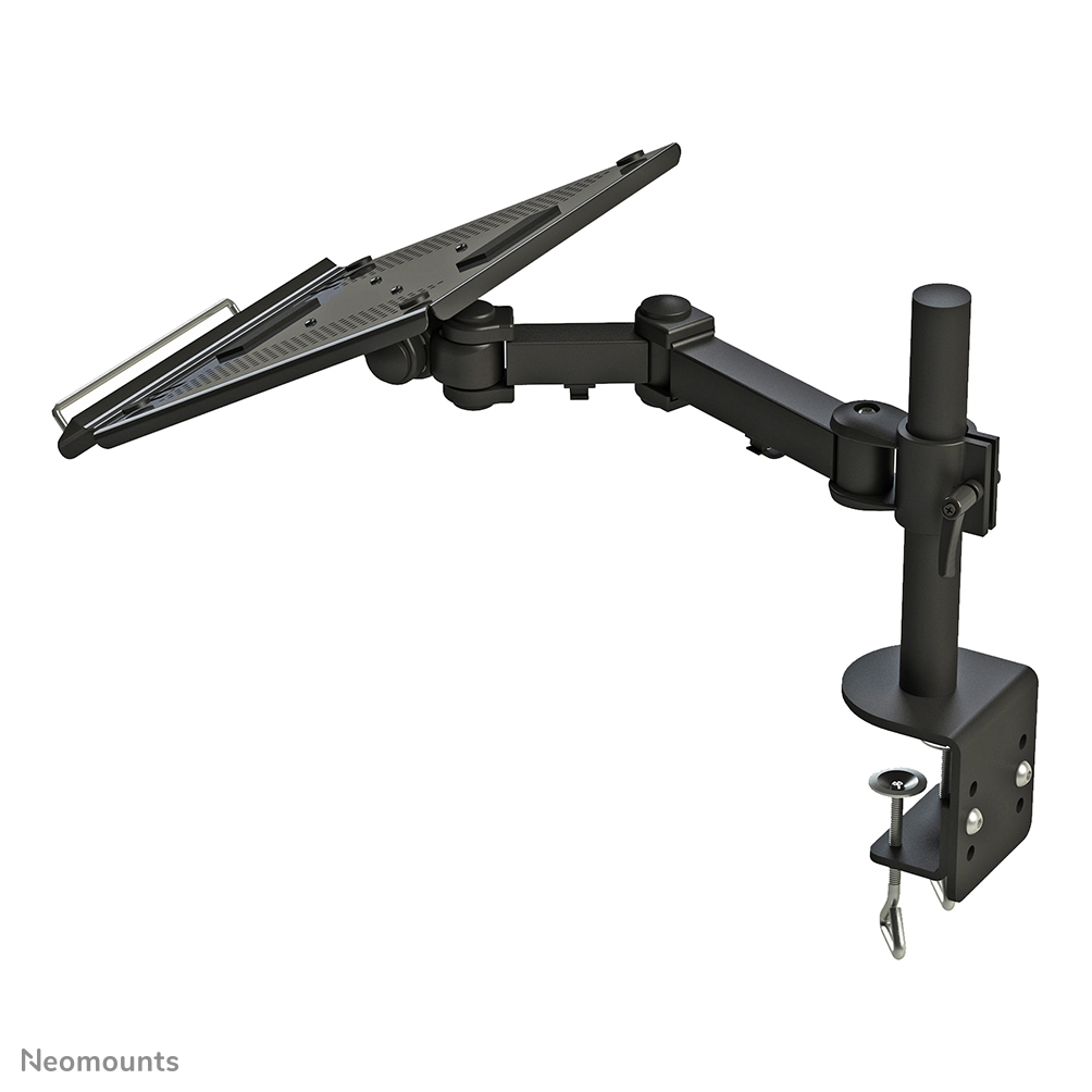 Ein schwarzer Monitorarm mit Klemme. Der Arm hält einen Bildschirm. Der Hintergrund ist weiß.
