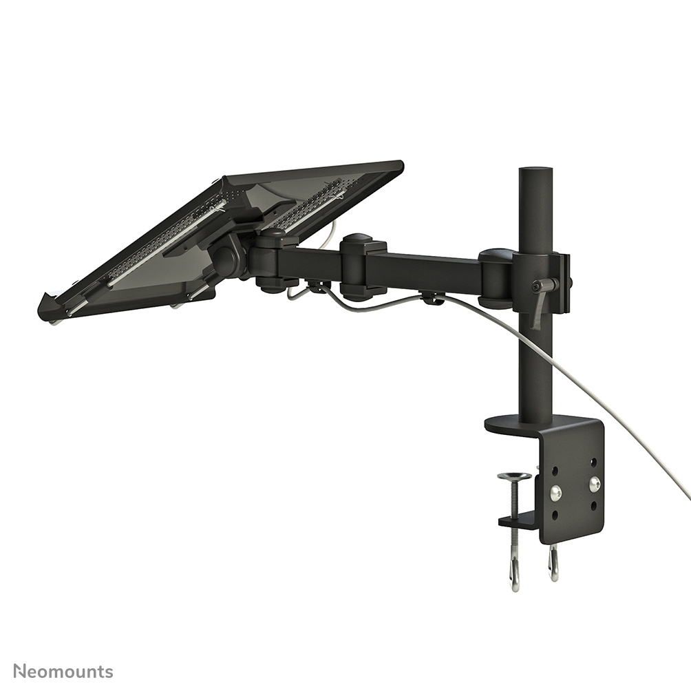 Schwarzer Monitorarm mit Bildschirm. Er ist an einer Oberfläche befestigt, und ein weißes Kabel ist angeschlossen.