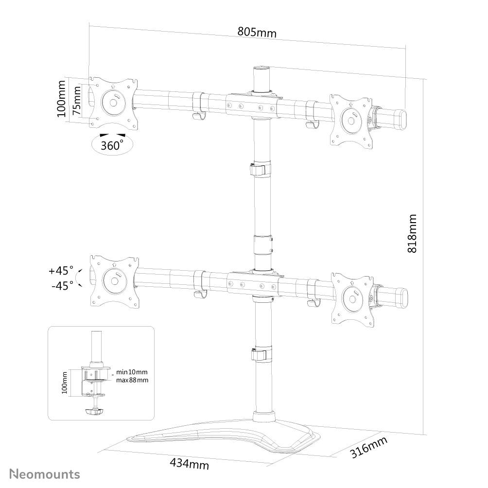 Een witte monitorstandaard met afmetingen. Ondersteunt vier monitoren. Afmetingen: 805mm, 818mm, 434mm en 316mm.