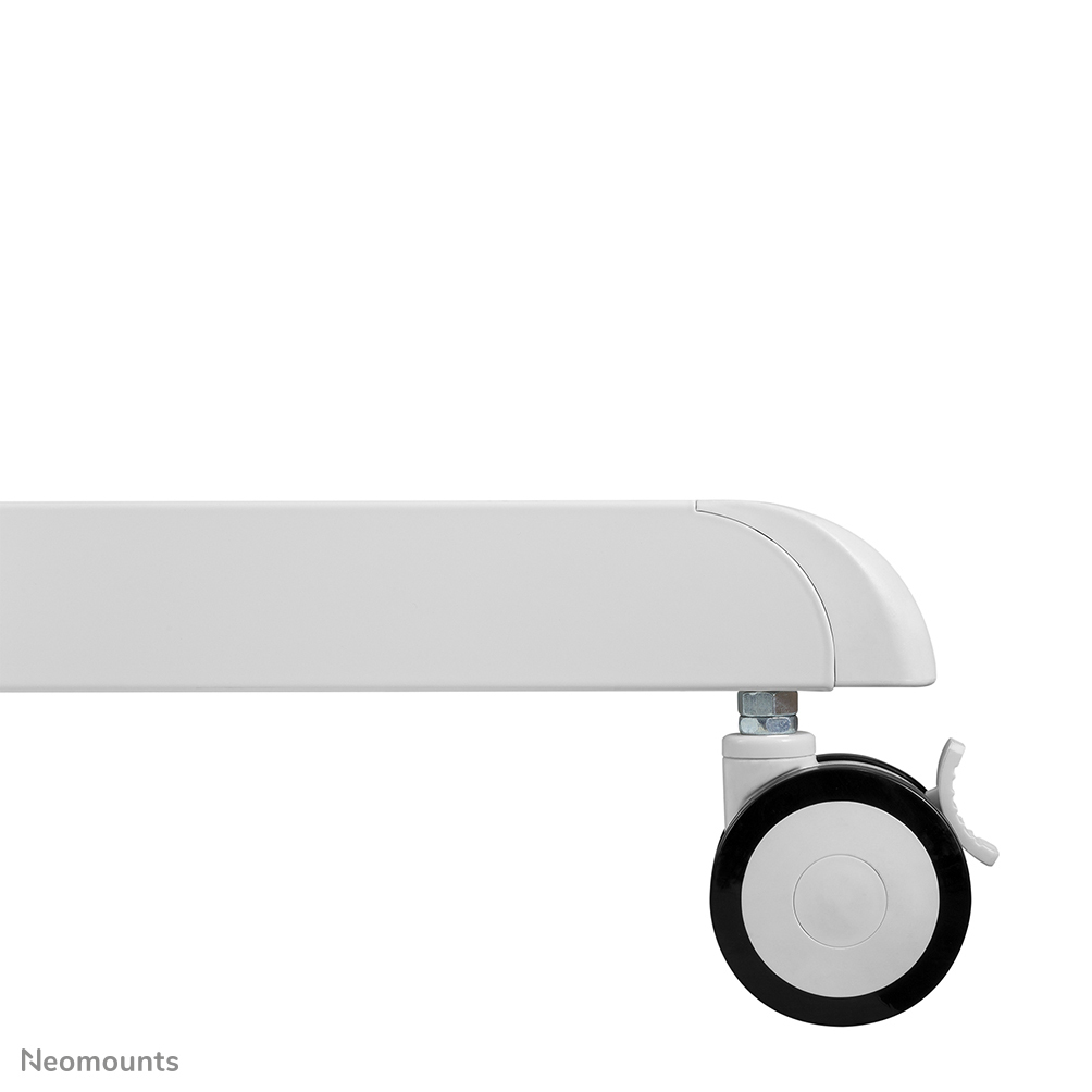 Un oggetto bianco e rettangolare con un'estremità arrotondata, collegato a una ruota bianca e nera. Lo sfondo è bianco.