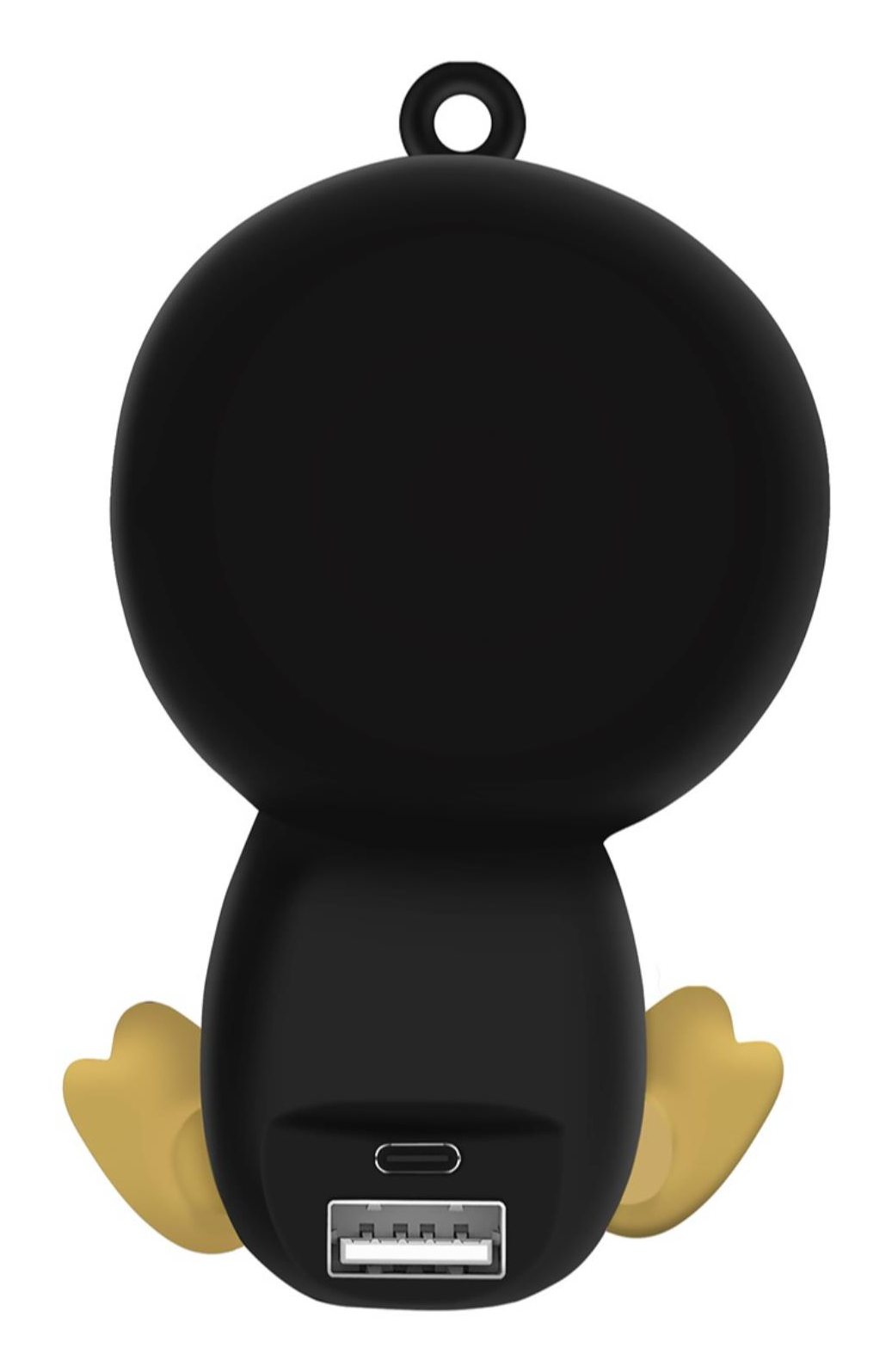 Un power bank nero a forma di pinguino. Ha piedi gialli, una porta USB e un anello in alto. Lo sfondo è bianco.