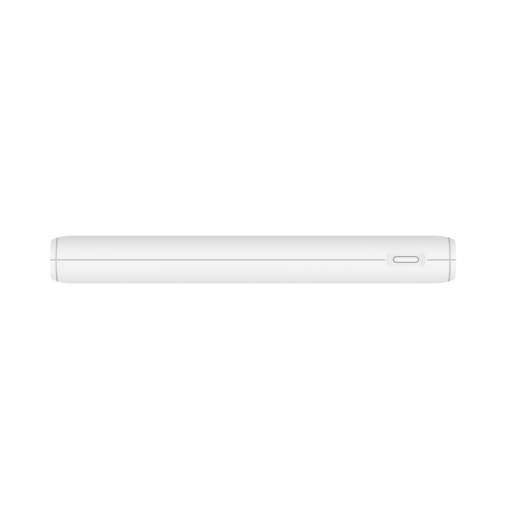 Un dispositivo bianco e rettangolare con un piccolo pulsante su un lato. Lo sfondo è bianco.