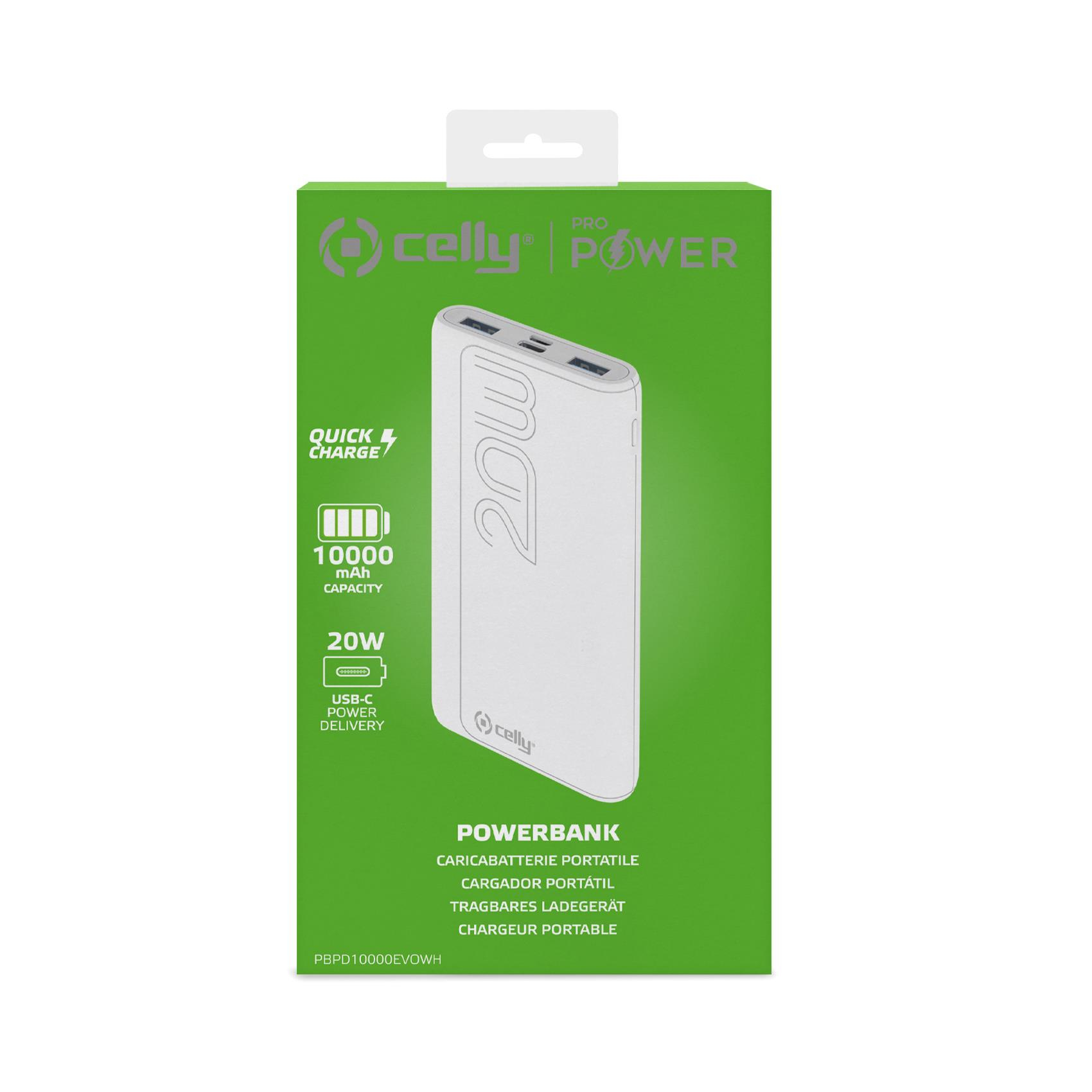 Scatola del powerbank con un caricabatterie bianco. Ha il nome del marchio e dettagli come 20W, 10000 mAh e alimentazione USB-C.