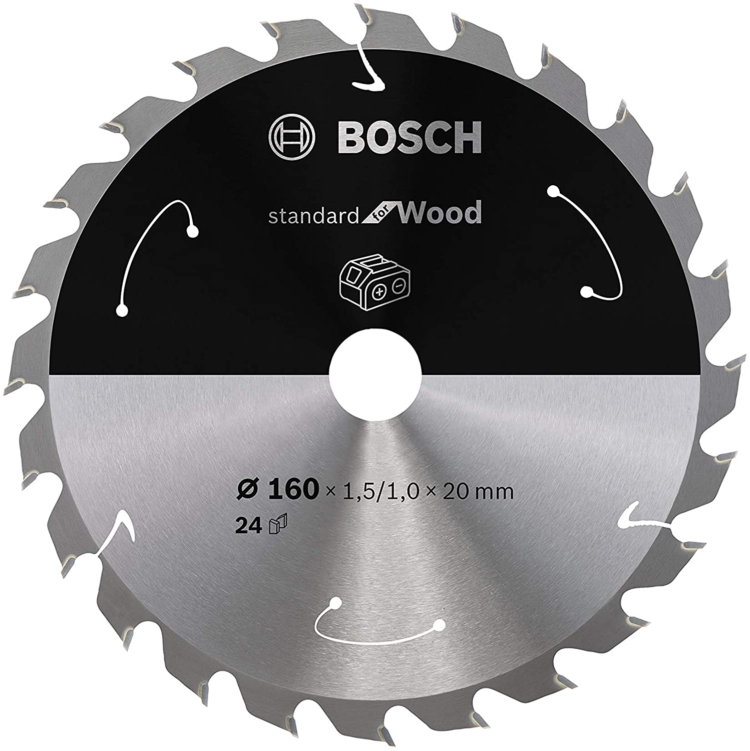 Kreissägeblatt mit Bosch-Logo, schwarz und silber. Es hat Zähne am Rand und Markierungen für Größe und Verwendung.