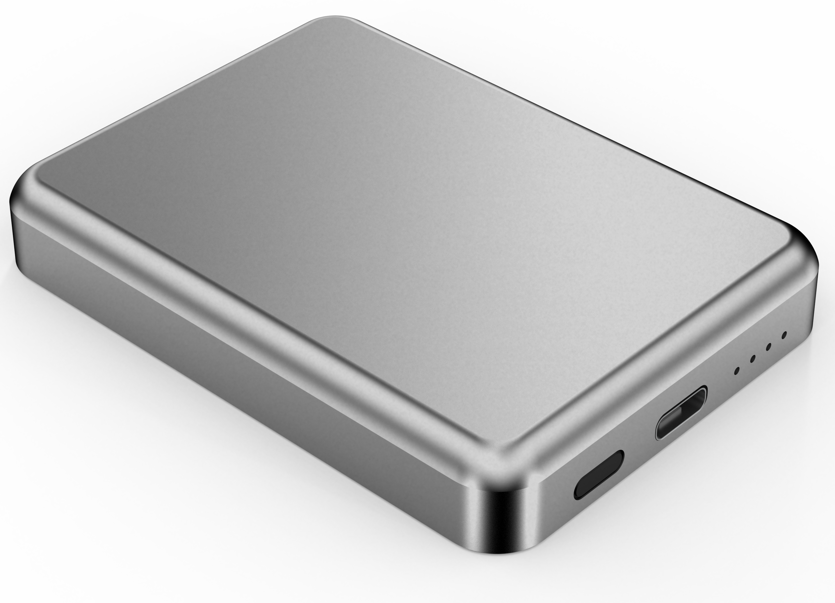 Dispositivo rettangolare argentato con bordi arrotondati, porta USB e spie luminose su sfondo bianco.