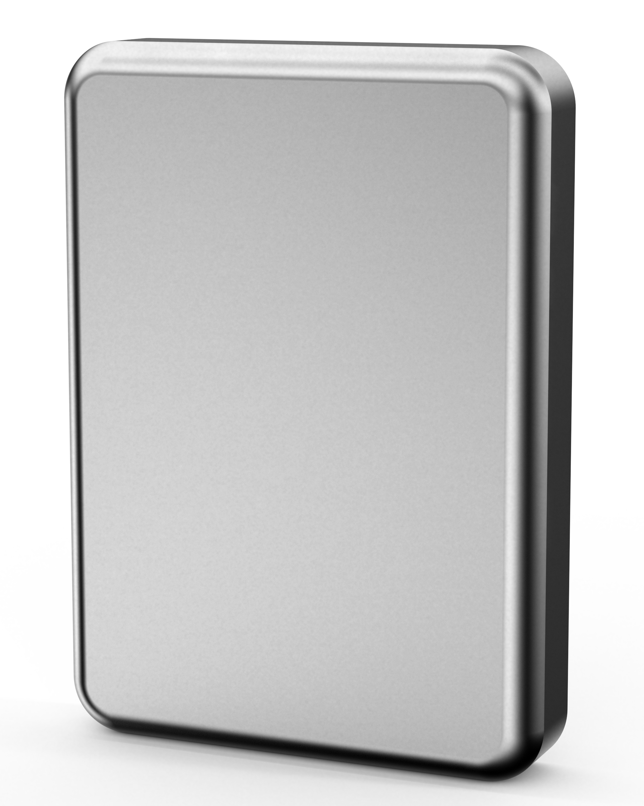 Un oggetto metallico rettangolare con angoli arrotondati. La superficie è grigio argento. È su sfondo bianco.
