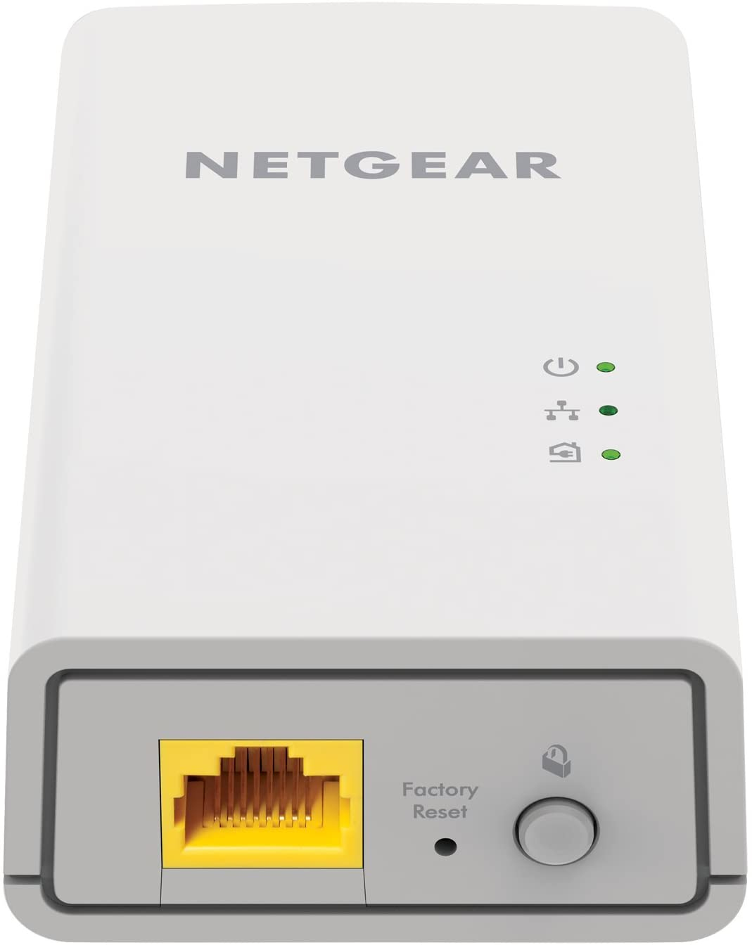 Białe urządzenie NETGEAR z żółtym portem Ethernet, trzema zielonymi kontrolkami i przyciskiem reset.