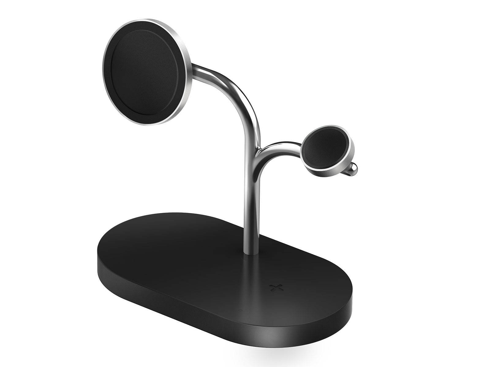 Czarno-srebrny stojak do ładowania wielu urządzeń. Ma podstawę, trzon i okrągłe podkładki ładujące.