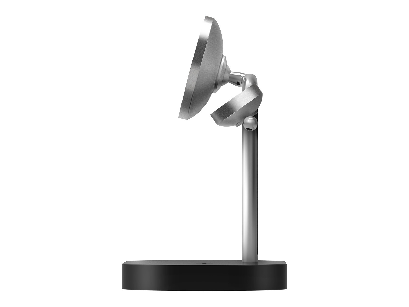 Srebrny stojak na telefon z okrągłą głowicą i czarną podstawą, widok z boku, na białym tle.