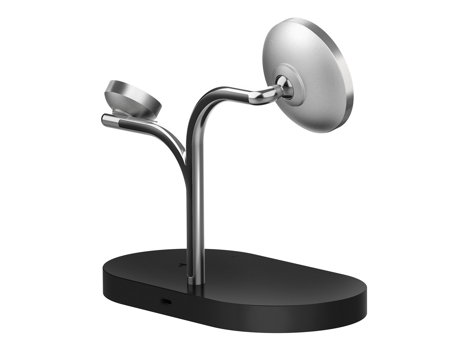 Nowoczesna stacja ładująca z czarną podstawą, srebrnym trzpieniem i dwoma podkładkami ładującymi. Jedna jest okrągła, druga pod kątem.