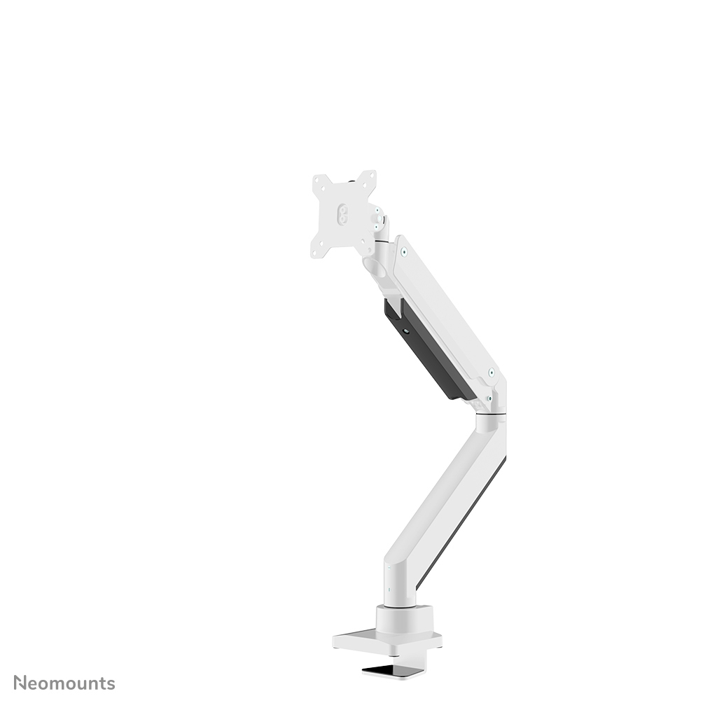 Ein weißer Monitorarm mit einem schwarzen Teil. Er ist auf einem weißen Sockel montiert und hat eine weiße Montageplatte.