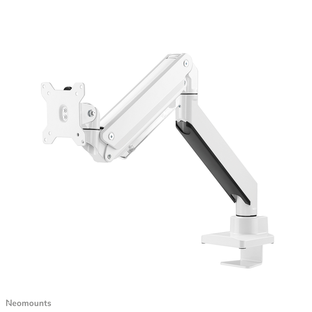 Ein weißer Monitorarm mit schwarzem Akzent. Er hat eine Klemme, einen verstellbaren Arm und eine Halterung.