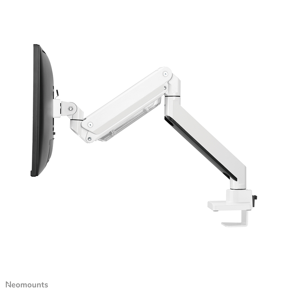 Weißer Monitorarm, der einen schwarzen Monitor hält. Der Arm ist auf einem weißen Sockel montiert. Der Hintergrund ist weiß.