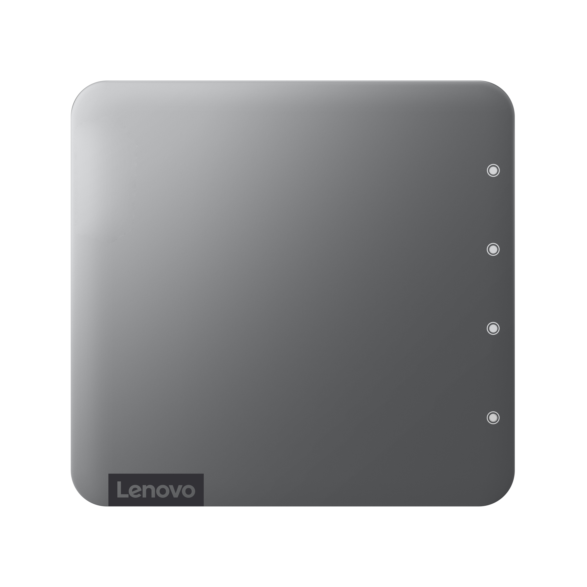 Un cuadrado gris con esquinas redondeadas. El logotipo de Lenovo está en la parte inferior. Cuatro círculos blancos están a la derecha.