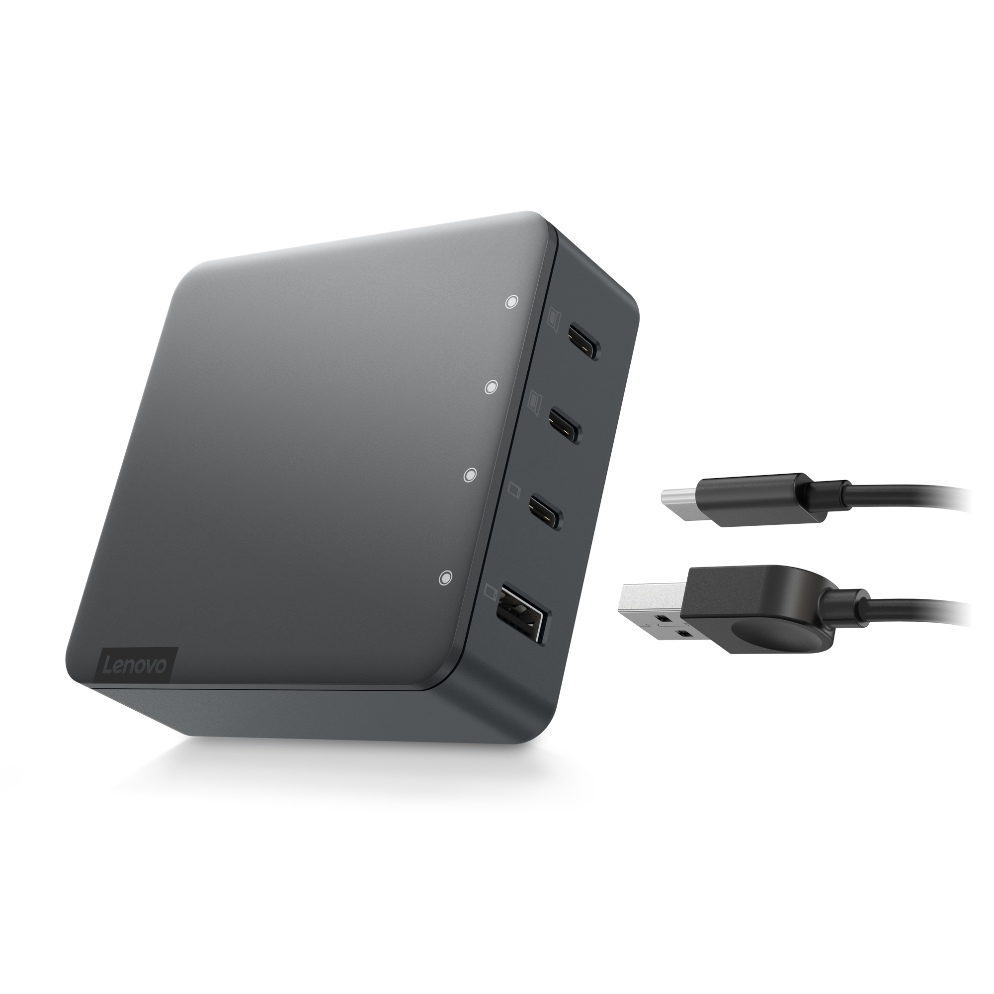Un concentrador de energía gris Lenovo con varios puertos y dos cables negros sobre fondo blanco.