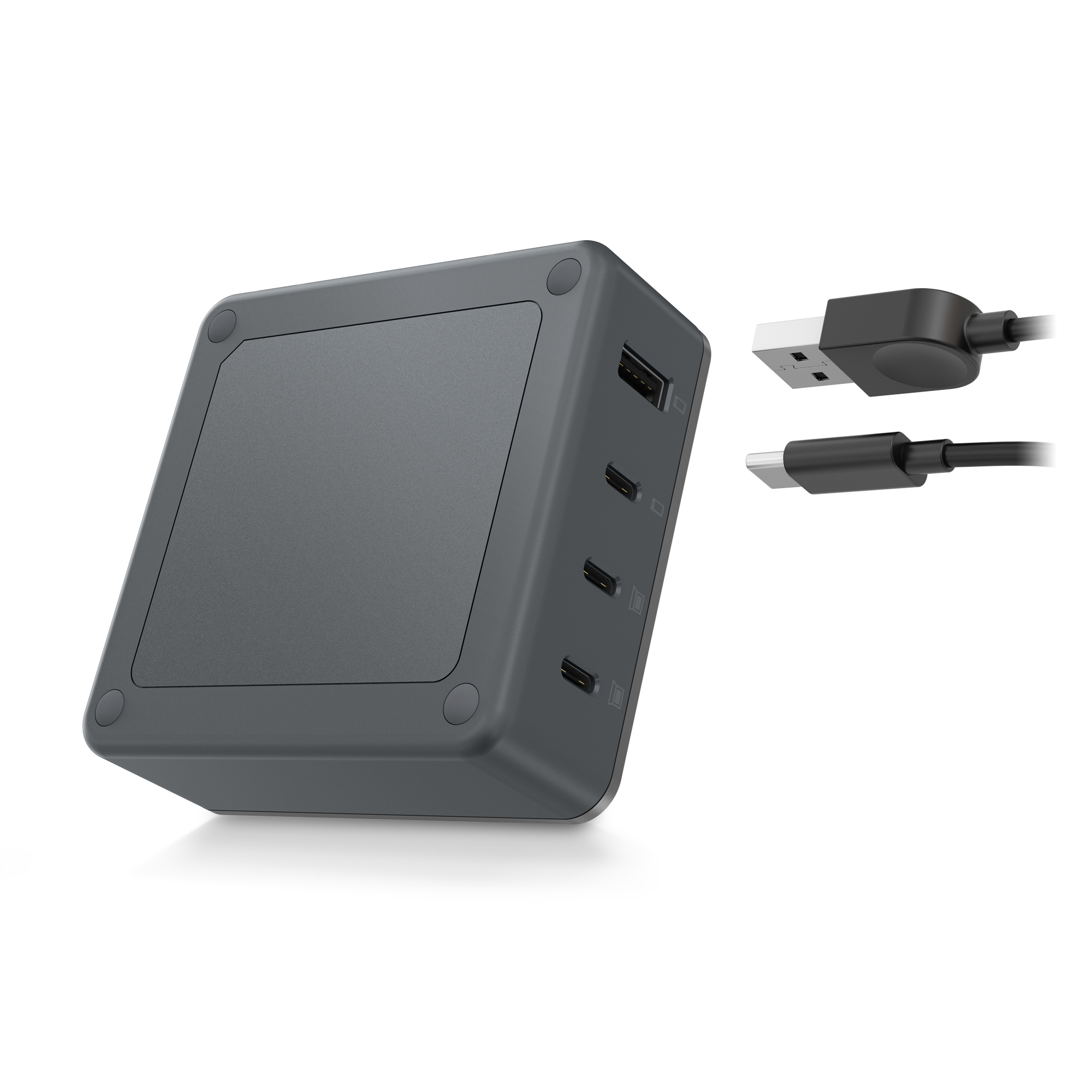 Adaptador de corriente gris en forma de cubo con múltiples puertos. Dos cables negros conectados. Fondo blanco.