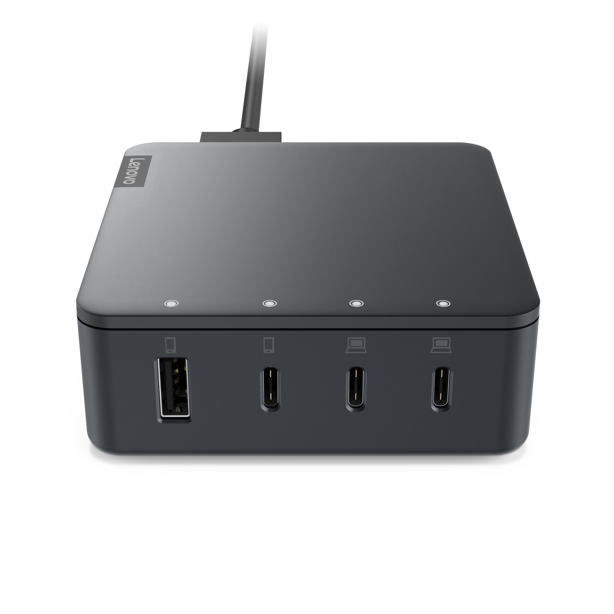 Una estación de acoplamiento Lenovo con múltiples puertos. Es de color gris oscuro con el logotipo de Lenovo y un cable negro.