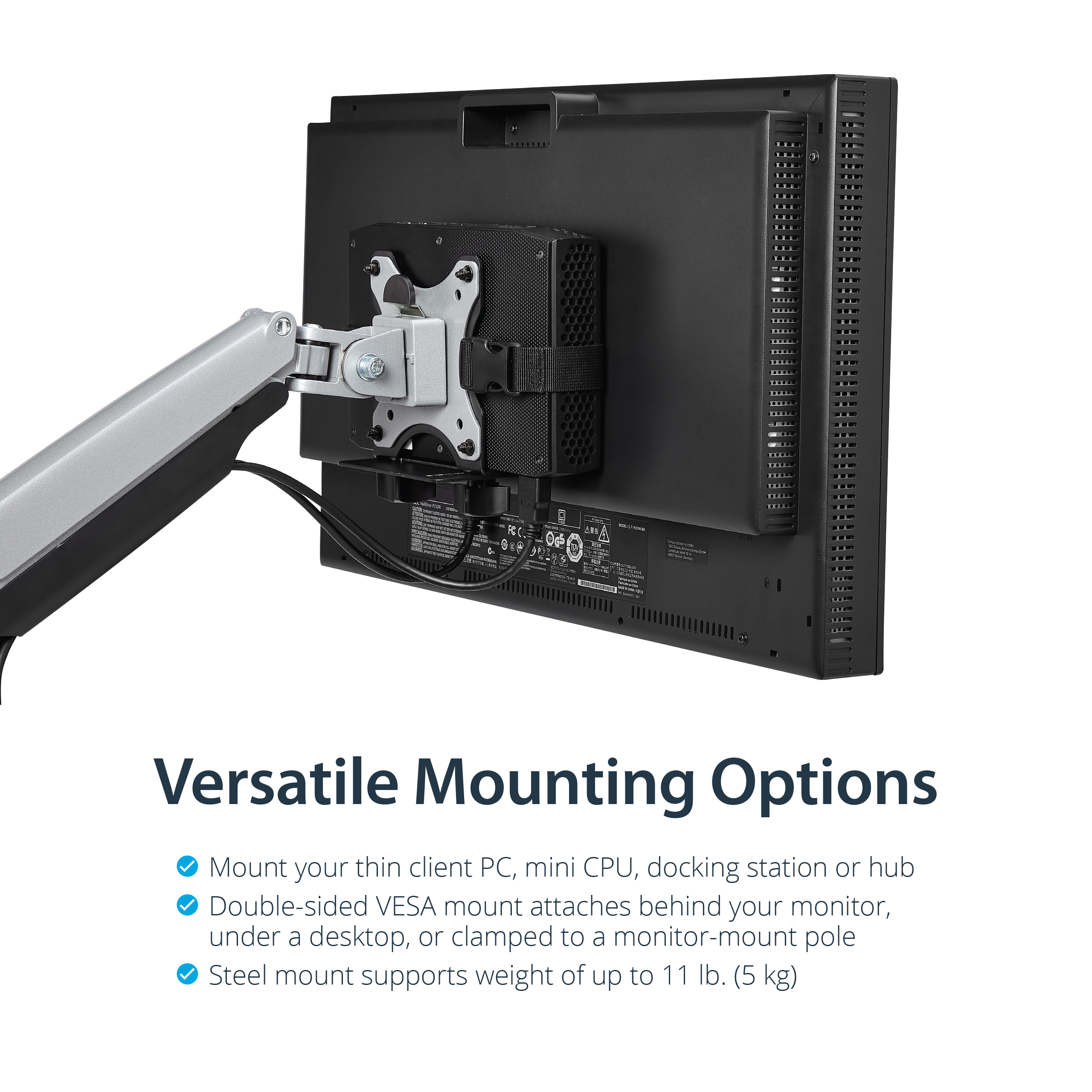 Ein Monitor, der an einem silbernen Arm befestigt ist. Ein kleiner schwarzer PC ist an der Rückseite des Monitors befestigt.