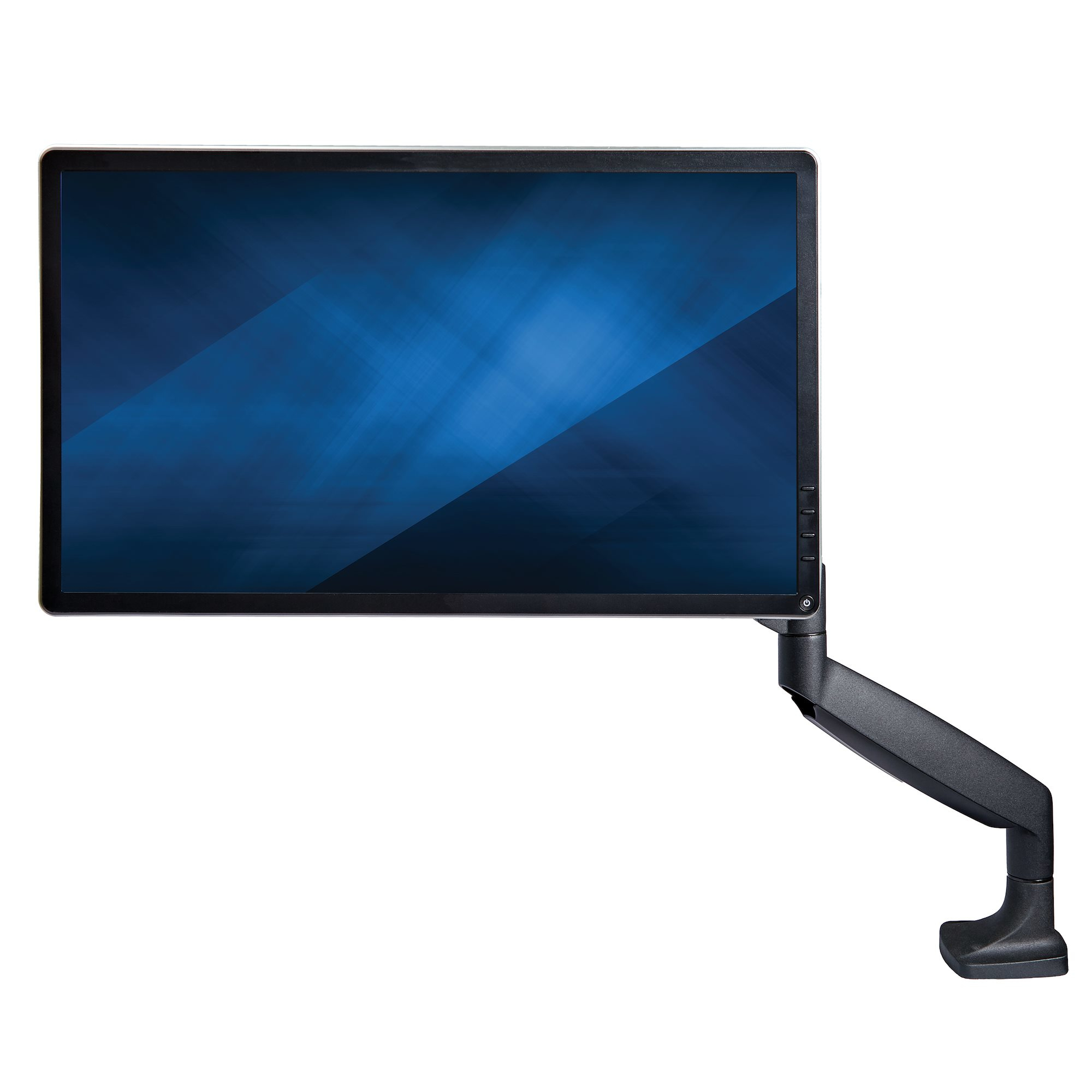 Ein Computermonitor mit blauem, abstraktem Display, montiert auf einem schwarzen, verstellbaren Arm vor weißem Hintergrund.