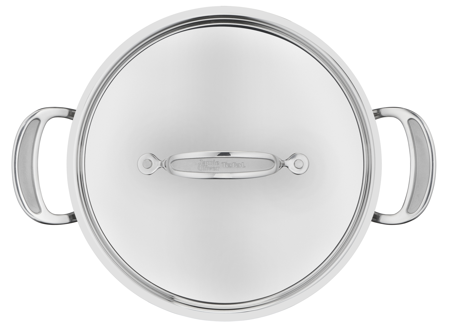 Draufsicht auf einen Edelstahltopf mit Deckel. Er hat zwei Seitengriffe und einen Deckelgriff mit den Worten 'Jamie Oliver Tefal'.