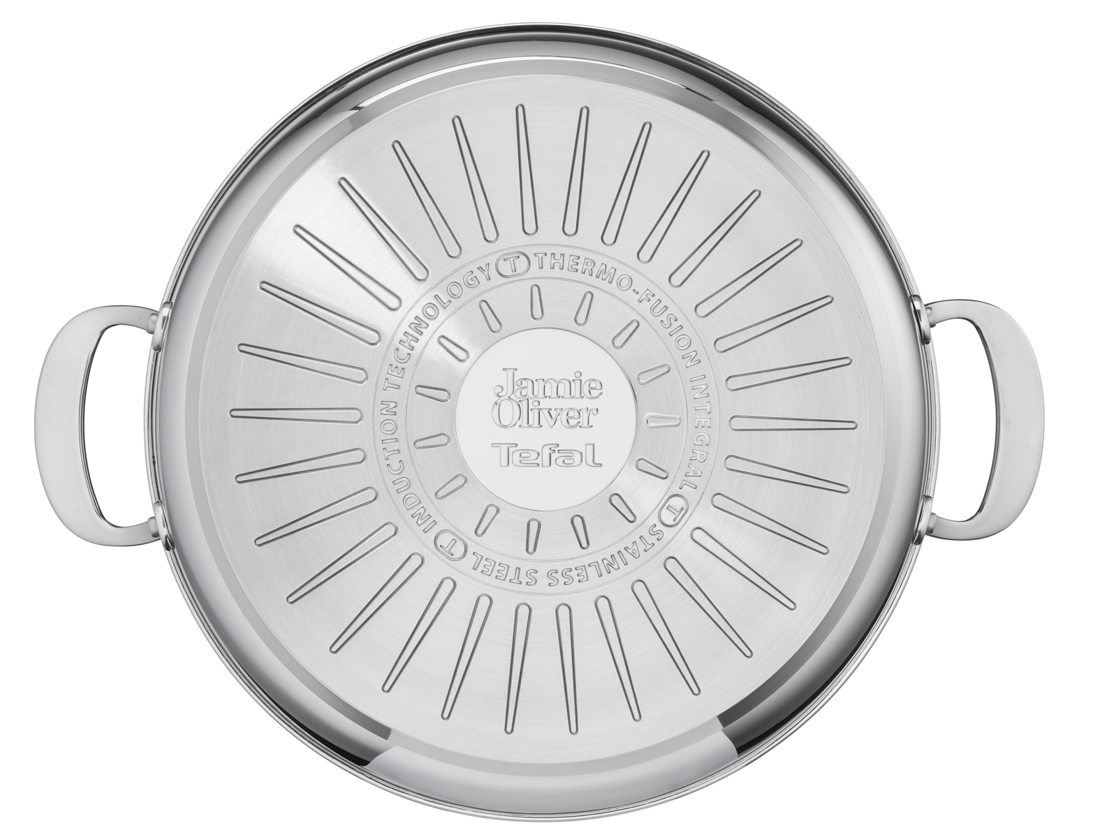 Edelstahl-Pfannenboden mit Griffen. Mit Jamie Oliver und Tefal Branding, Induktionstechnologie und Thermo-Fusion.