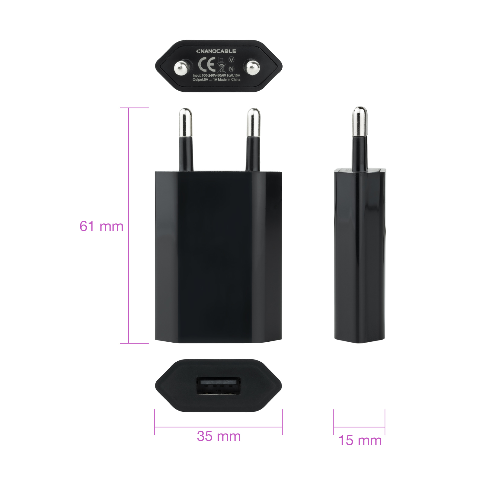 Cargador negro Nanocable con dimensiones. Incluye puerto USB y dos clavijas. Detalles incluyen marcado CE y especificaciones.