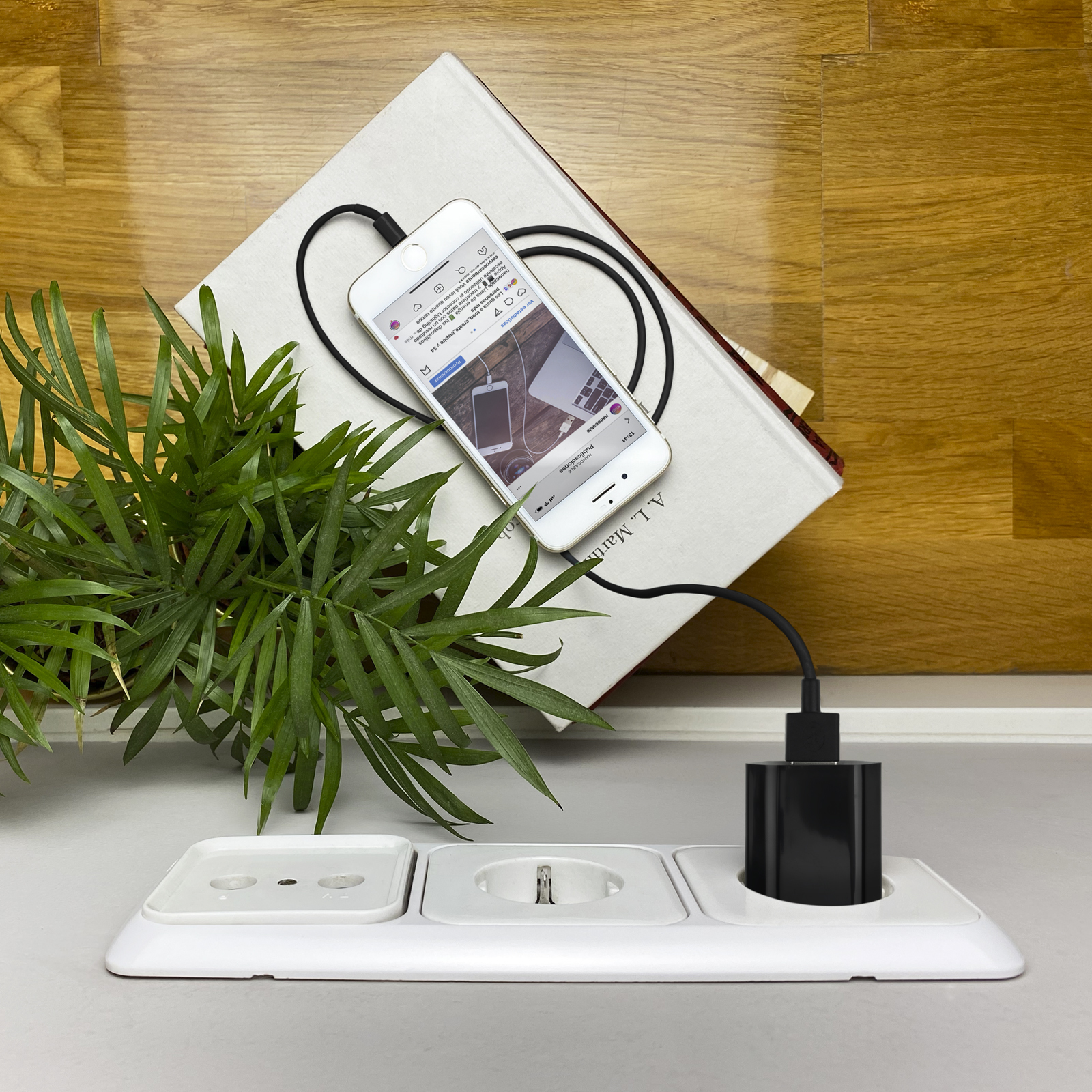 Un teléfono se carga en un libro. Hay una planta y una toma de corriente. El fondo es de madera.