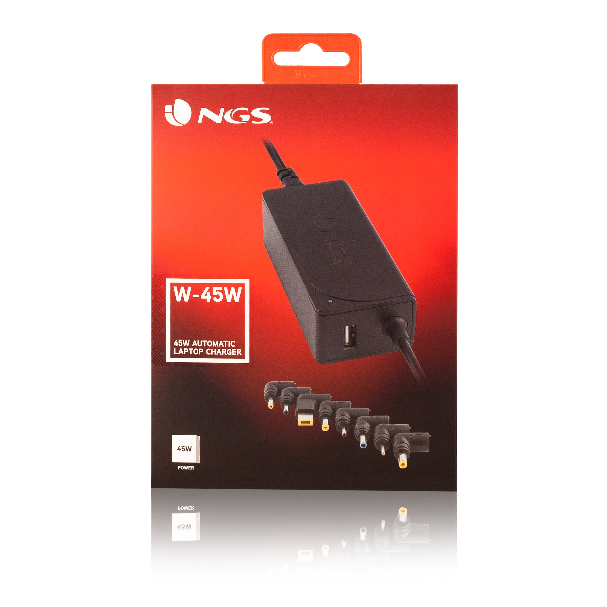 Una caja de cargador para portátil con un cargador negro, múltiples puntas adaptadoras y un fondo degradado rojo y negro.
