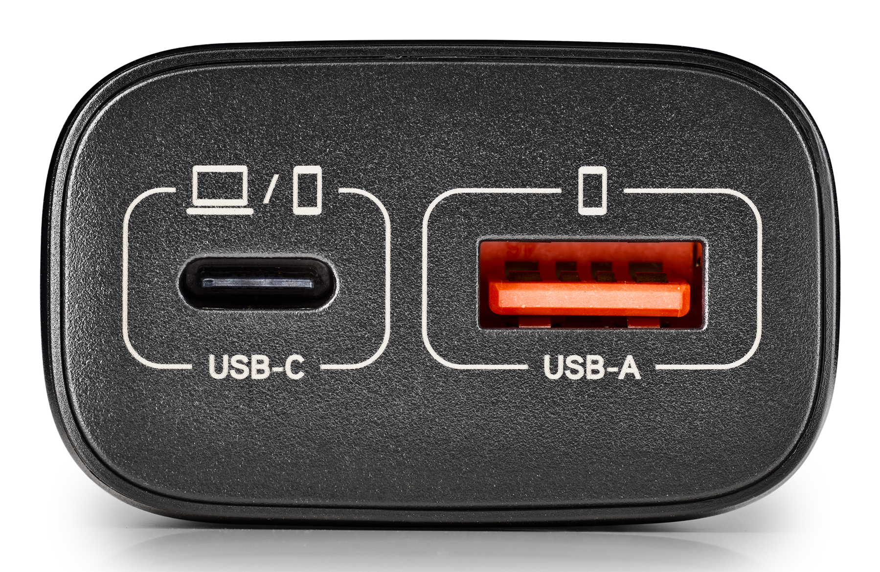 Banco de energía negro con puertos USB-C y USB-A. El puerto USB-A es naranja. Iconos blancos indican compatibilidad del dispositivo.