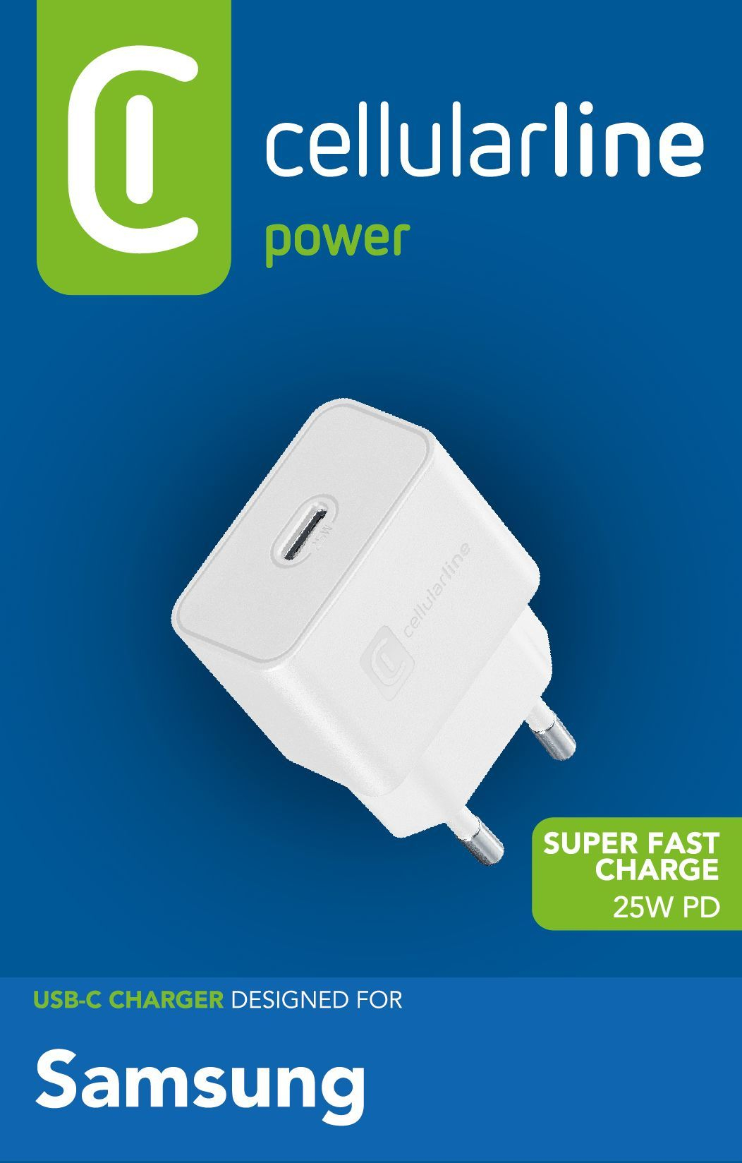 Weißes Cellularline USB-C-Ladegerät für Samsung mit Text 'Super Fast Charge'. Grüner und blauer Hintergrund.