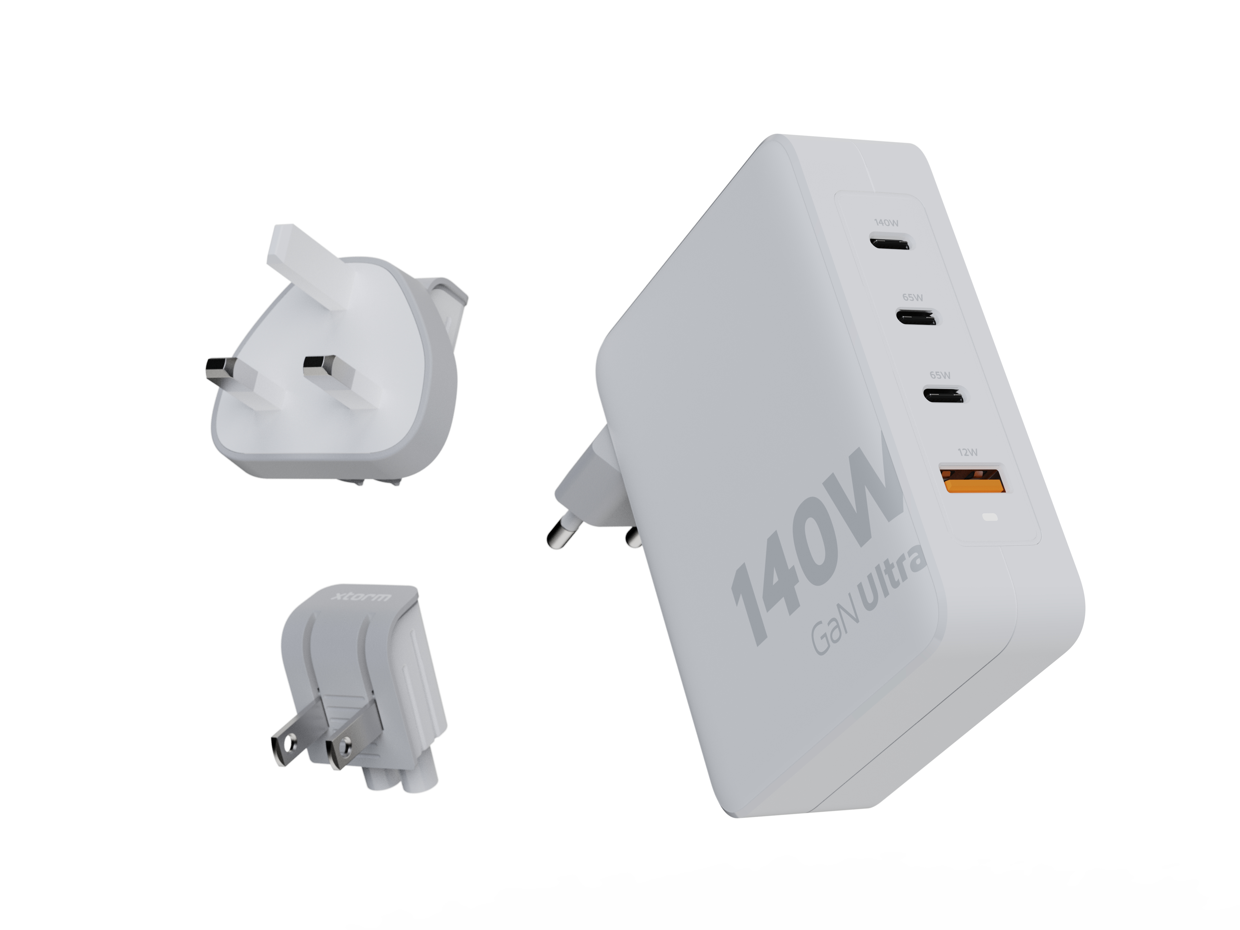 Un chargeur GaN Ultra blanc avec trois prises. Le chargeur possède plusieurs ports USB-C et USB-A.