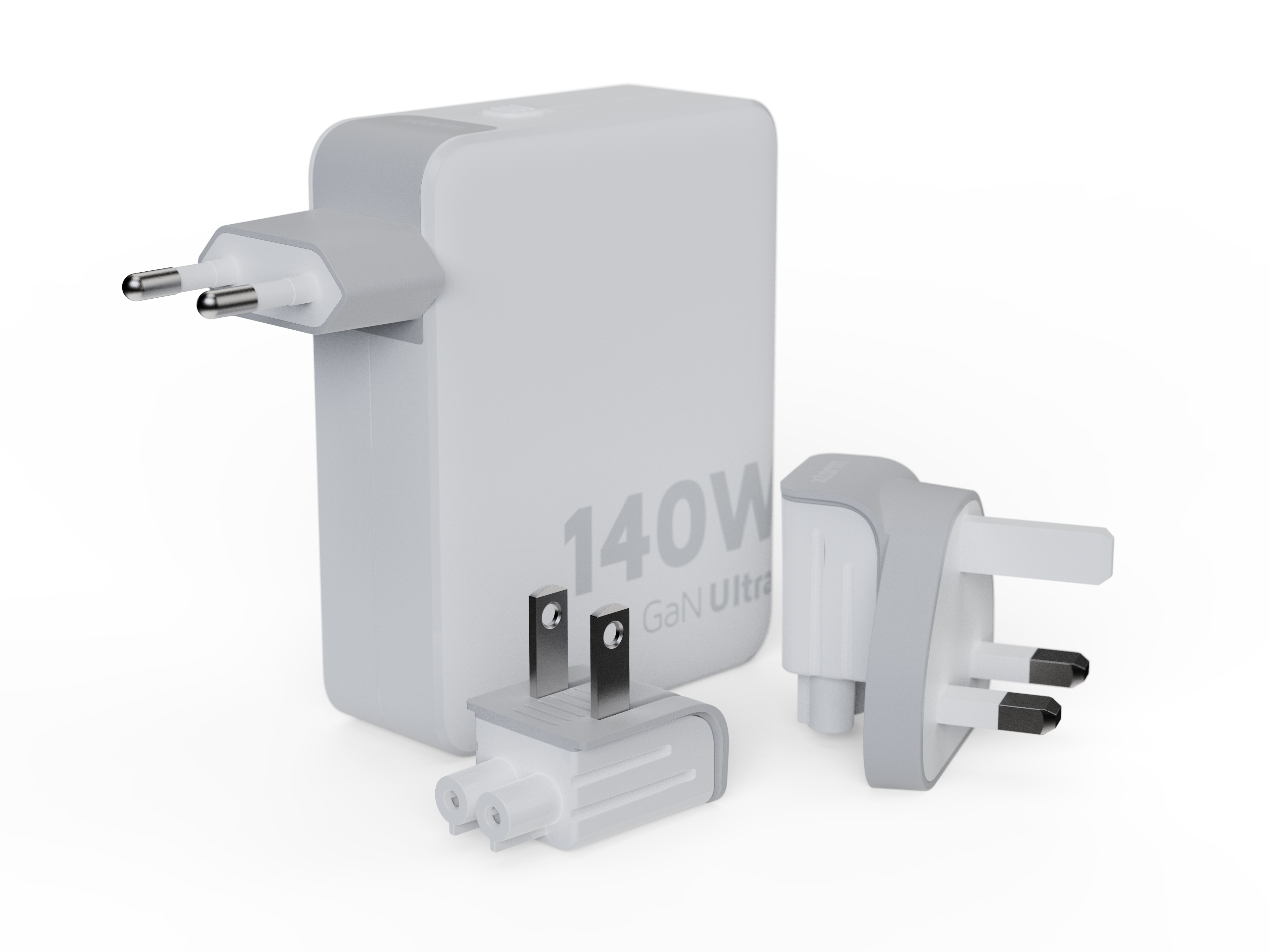 Un adaptateur secteur blanc avec trois fiches interchangeables. Il est écrit 140W GaN Ultra sur le côté.