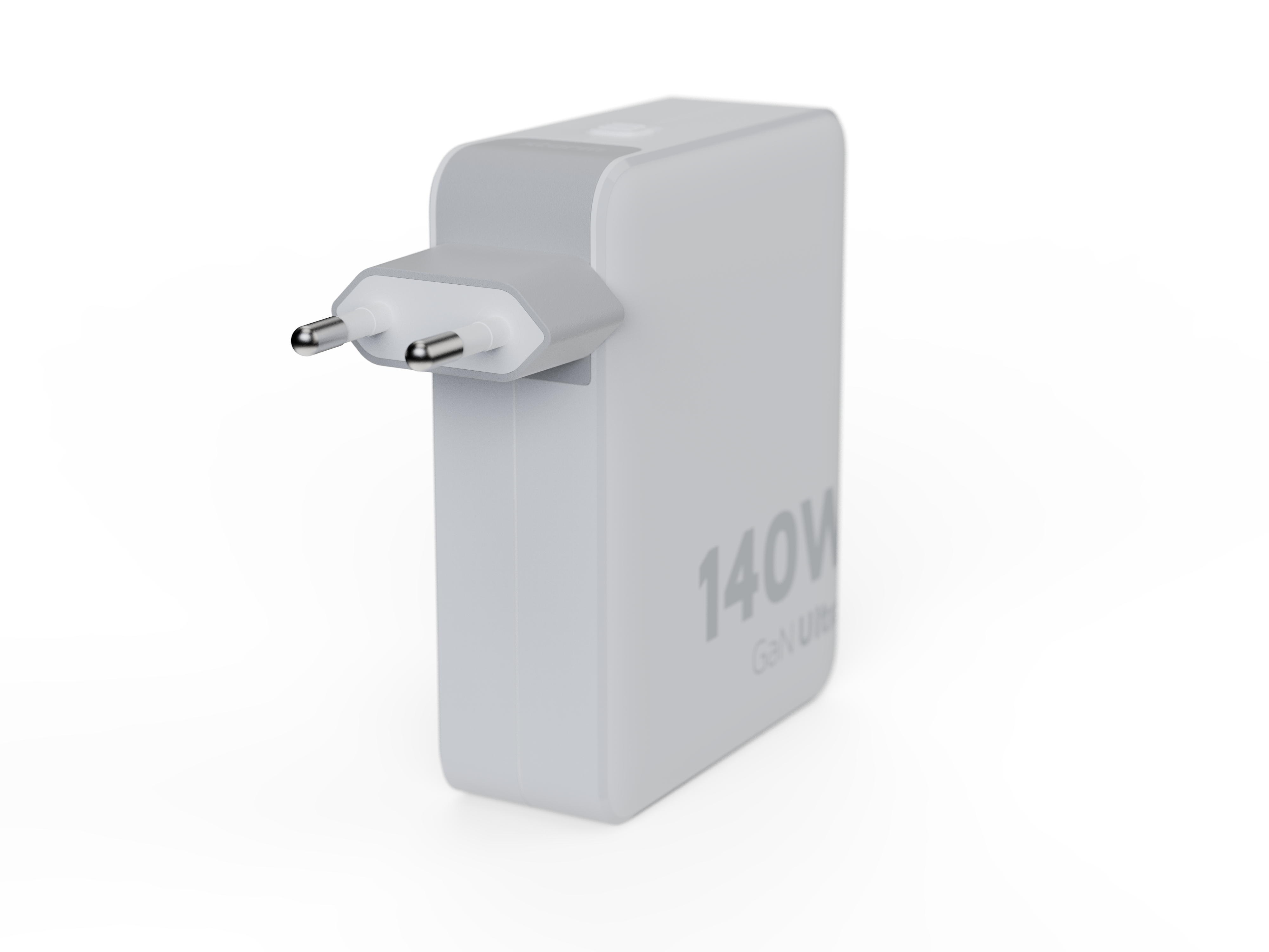 Un adaptateur secteur blanc avec deux broches est sur fond blanc. Il indique 140W sur le côté.