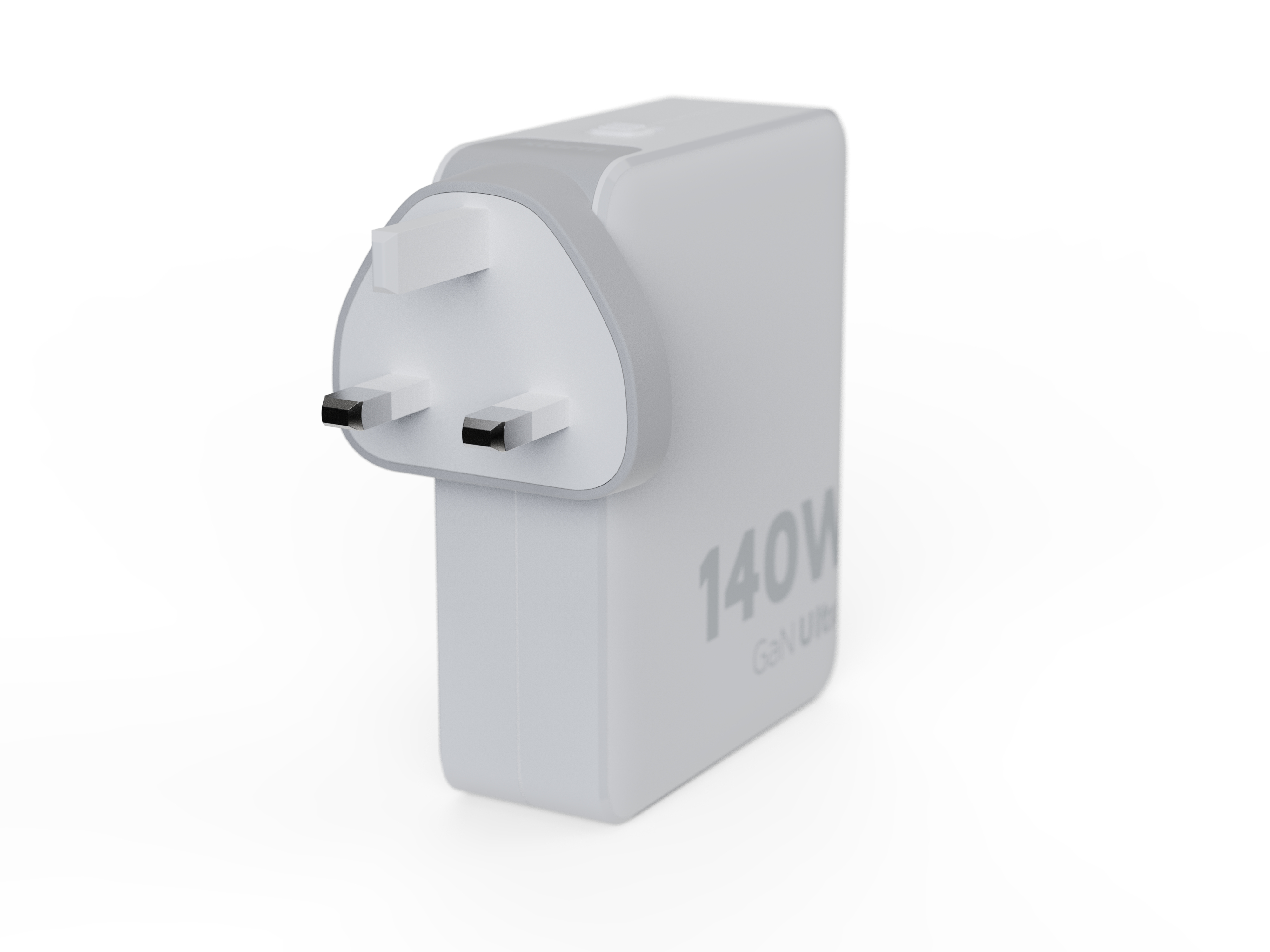 Un chargeur blanc GaN Ultra 140W. Il possède une prise britannique et un corps rectangulaire. Le fond est blanc.