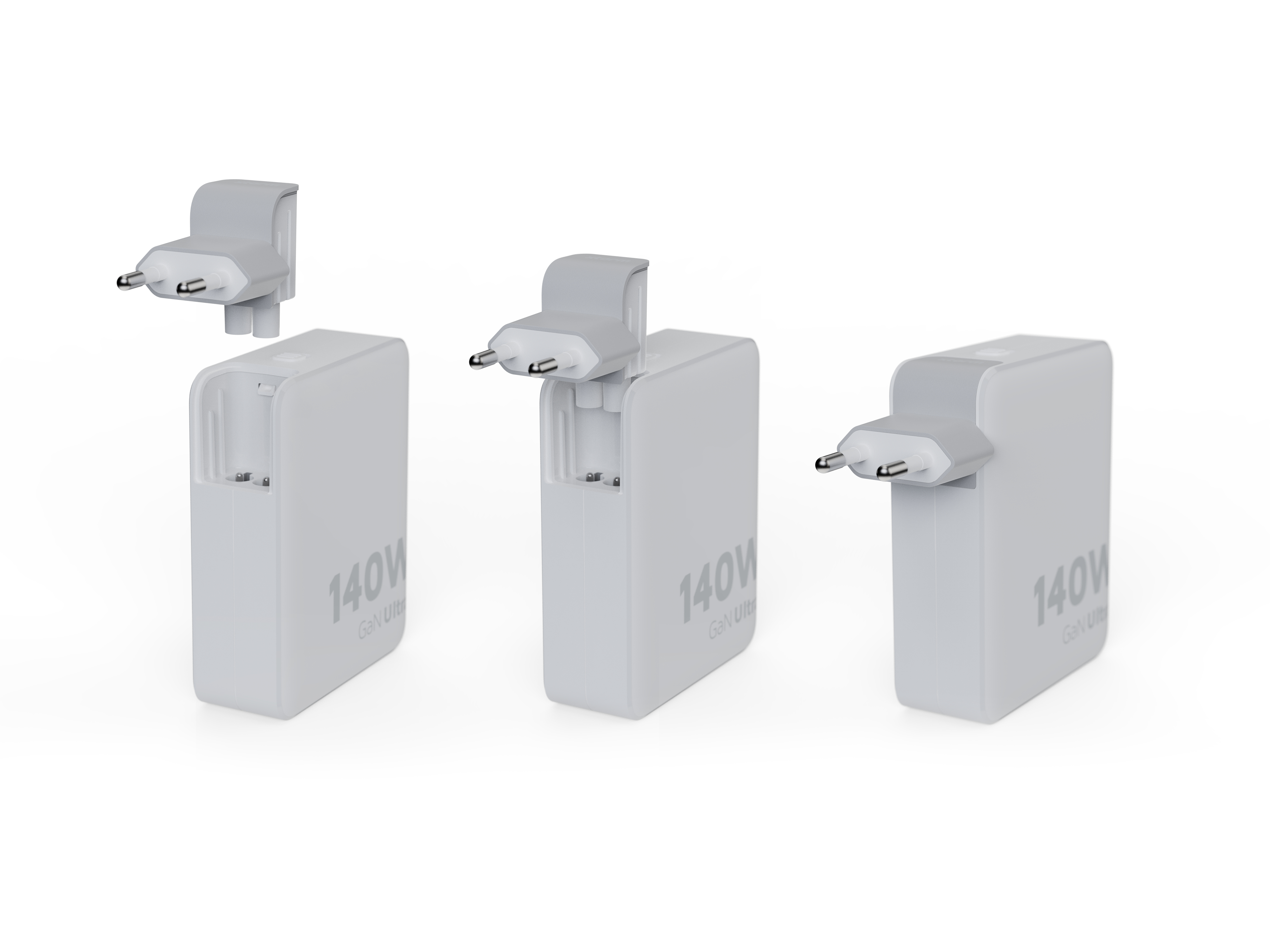 Trois chargeurs blancs de 140 W, un avec prise détachée. Chaque chargeur a une prise attachée ou prête à être attachée.