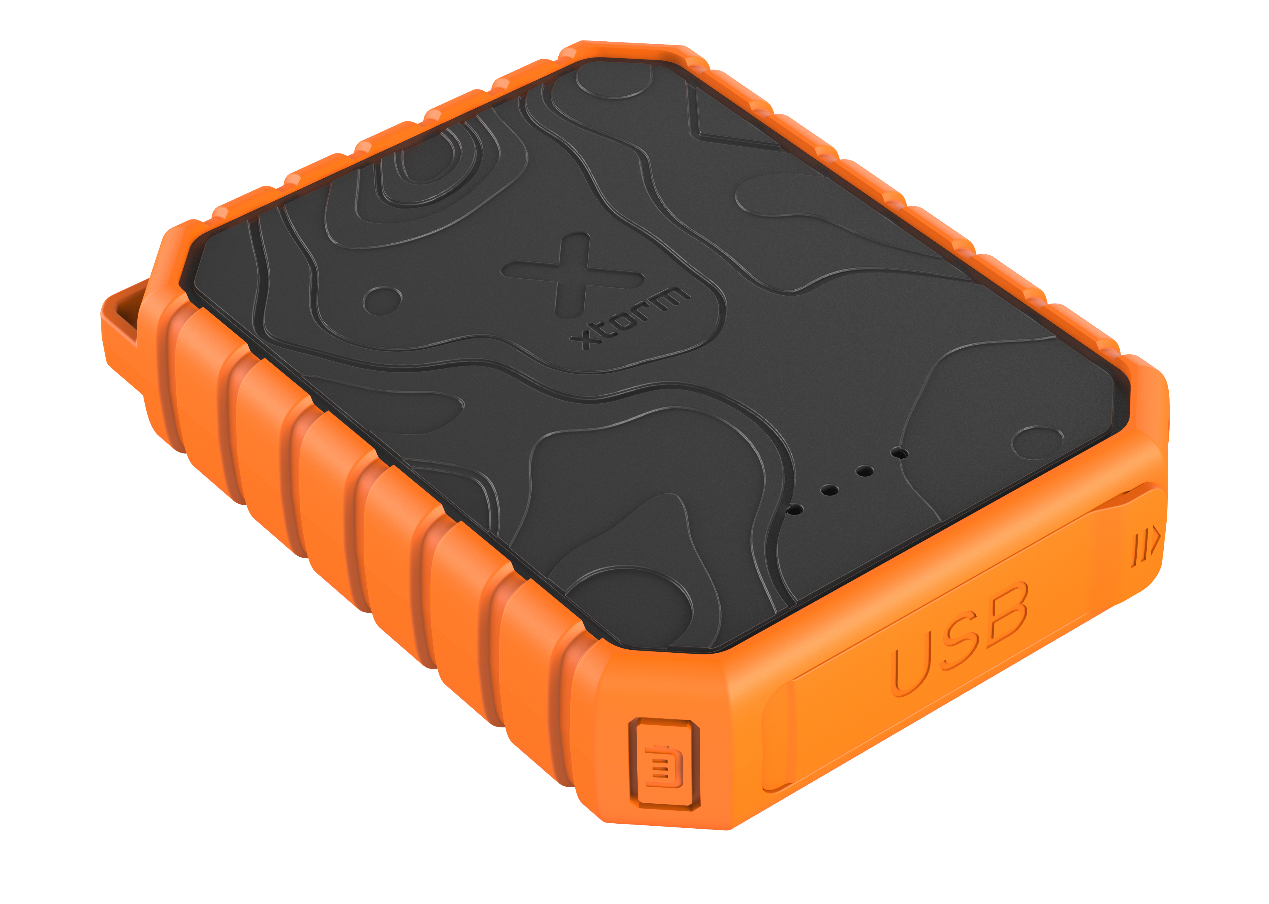 Eine orangefarbene und schwarze Powerbank mit strukturierter Oberfläche und dem Wort "USB".