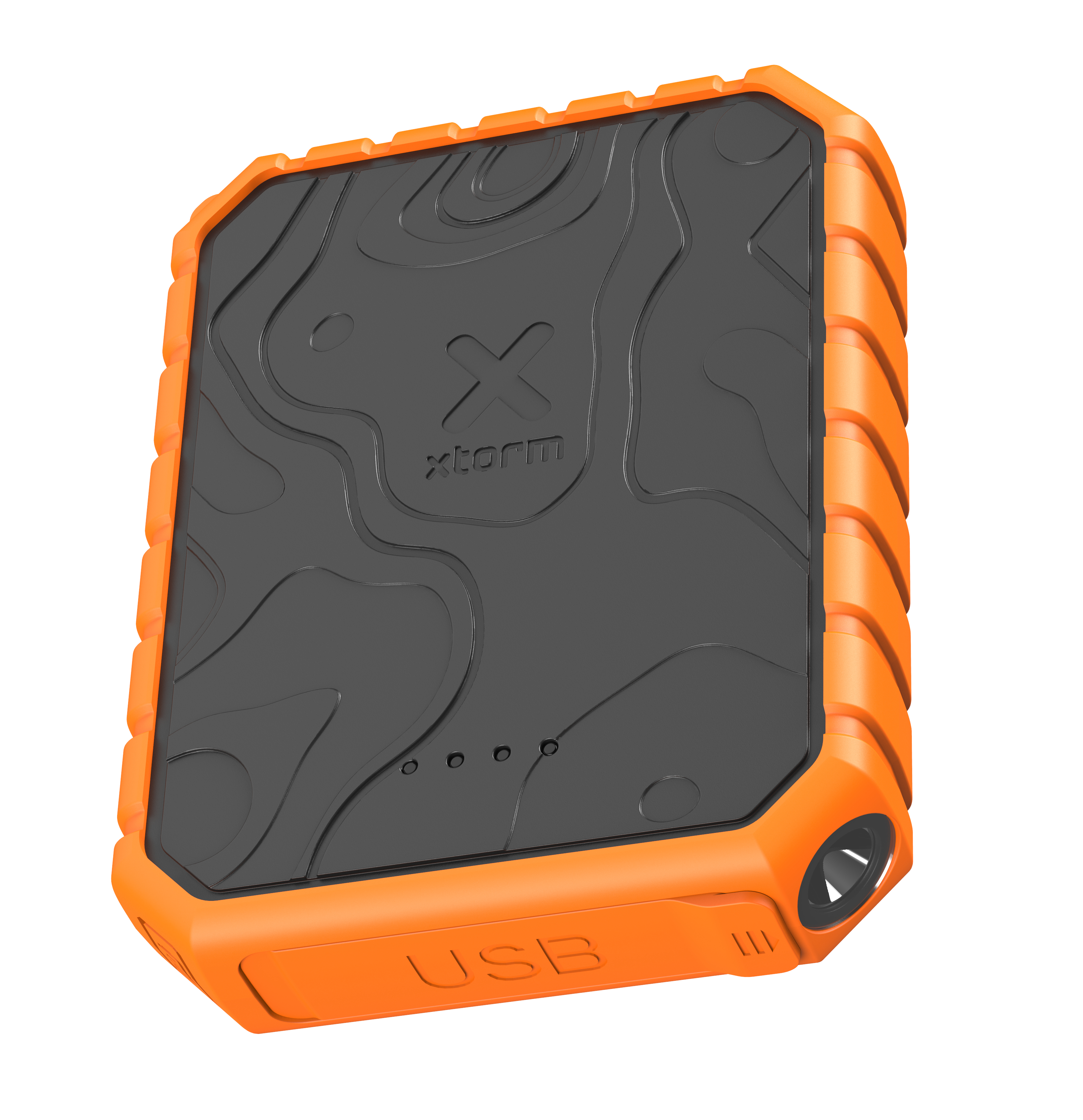 Eine orange-schwarze Powerbank mit strukturierter Oberfläche und dem Wort "USB" unten.